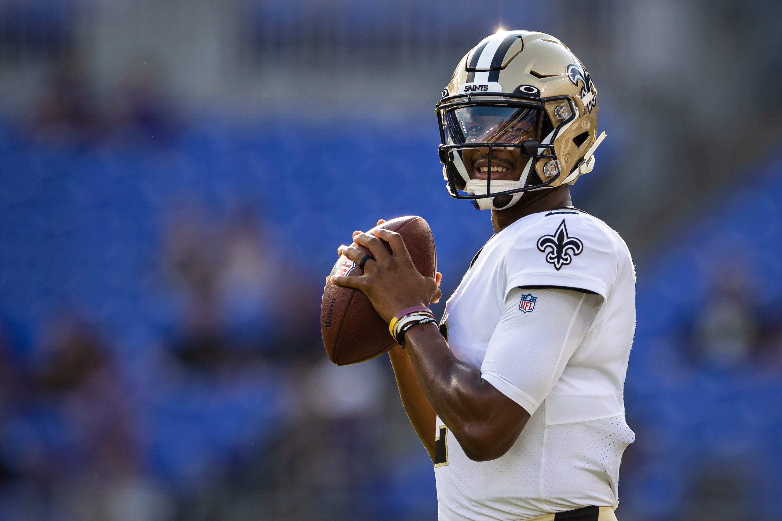 BALTIMORE, MD - AUGUST 14: Jameis Winston #2 of the New Orleans Saints warms up before a preseason game against the Baltimore Ravens at M&T Bank Stadium on August 14, 2021 in Baltimore, Maryland. (Photo by Scott Taetsch/Getty Images) BALTIMORE, MD - AUGUST 14: Jameis Winston #2 of the New Orleans Saints warms up before a preseason game against the Baltimore Ravens at M&T Bank Stadium on August 14, 2021 in Baltimore, Maryland. (Photo by Scott Taetsch/Getty Images)