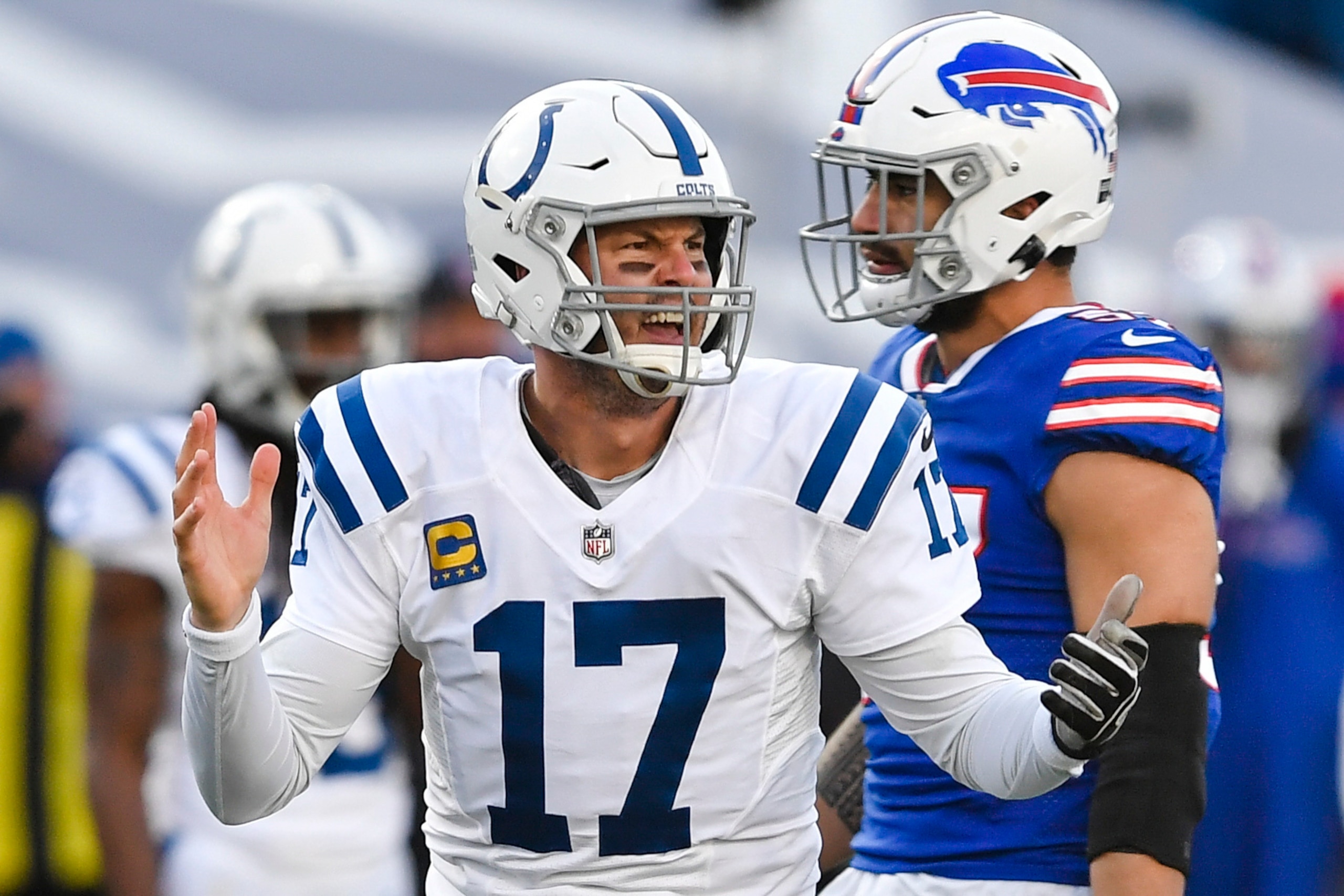 Indianapolis Colts quarterback Philip Rivers (17) reacts during the second half of an NFL wild-card playoff football game against the Buffalo Bills Saturday, Jan. 9, 2021, in Orchard Park, N.Y. (AP Photo/Adrian Kraus)