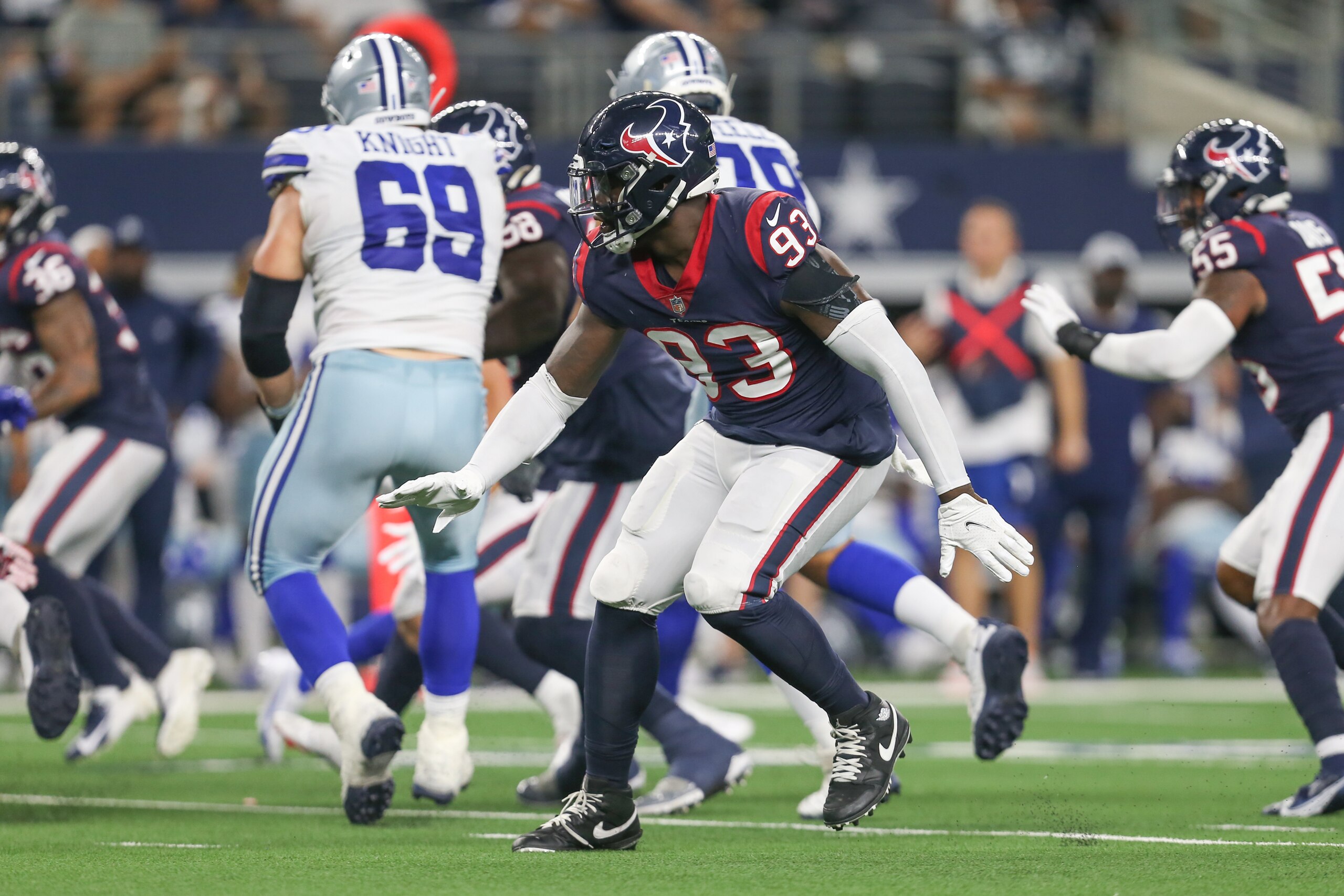 ARLINGTON, TX - AUGUST 21: Houston Texans defensive end Shaq Lawson (93) reacts to the play during the game between the Dallas Cowboys and the Houston Texans on August 21, 2021 at AT&T Stadium in Arlington, TX. (Photo by George Walker/Icon Sportswire via Getty Images)