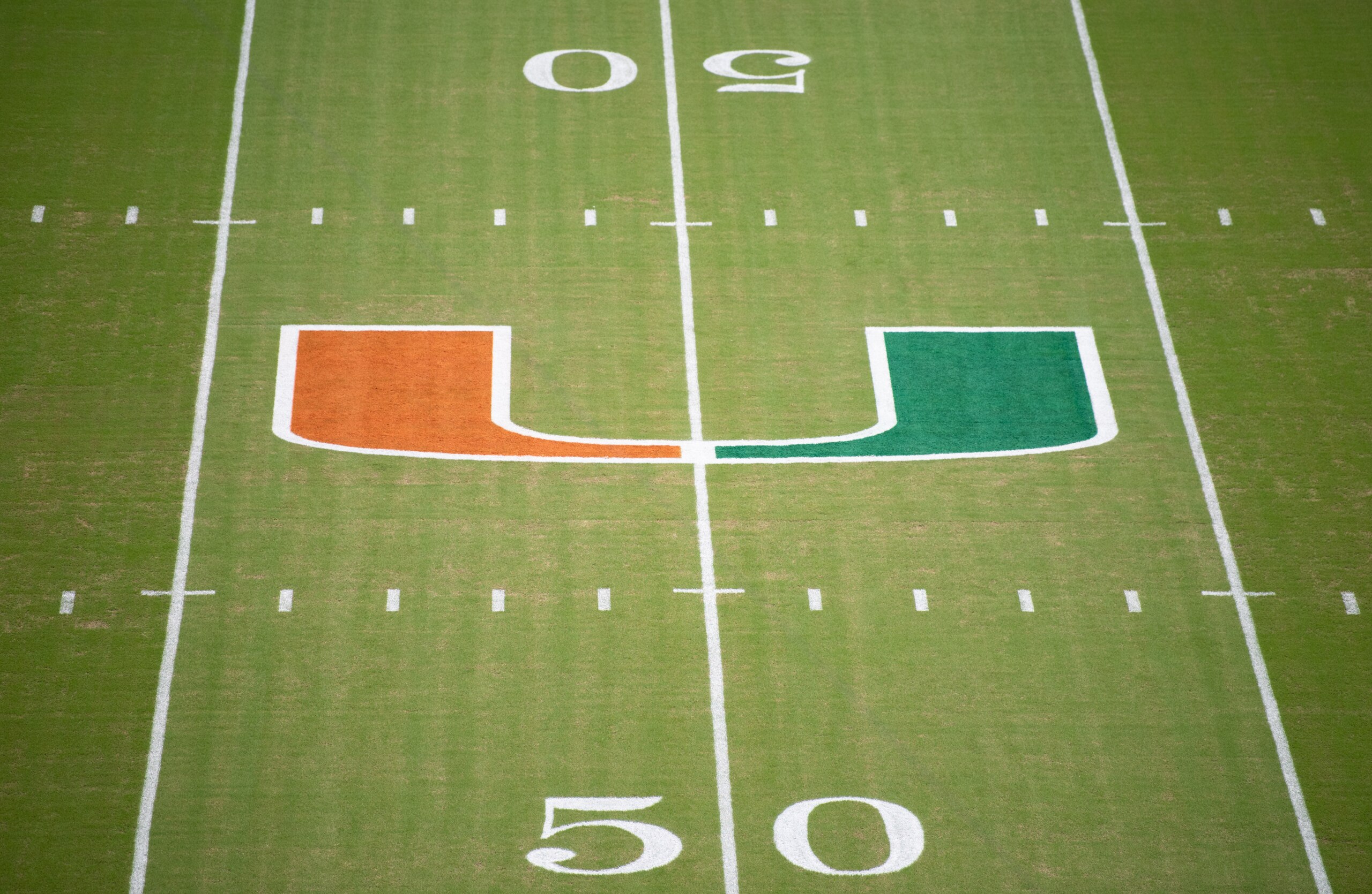 MIAMI, FL - OCTOBER 06: A general view of the Miami Hurricanes logo before the game between the Miami Hurricanes and the Florida State Seminoles at Hard Rock Stadium on October 6, 2018 in Miami, Florida. (Photo by Mark Brown/Getty Images)