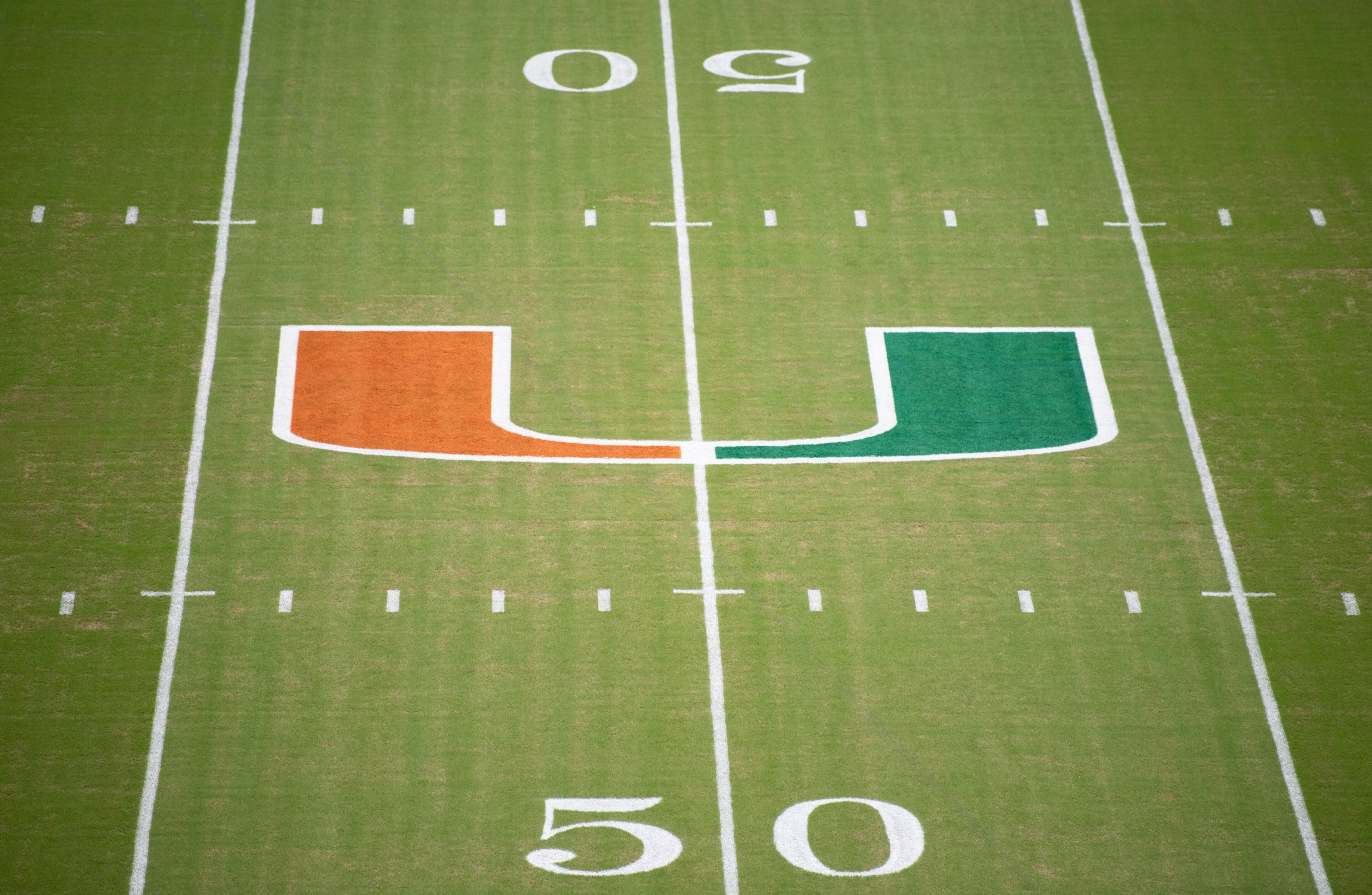 MIAMI, FL - OCTOBER 06: A general view of the Miami Hurricanes logo before the game between the Miami Hurricanes and the Florida State Seminoles at Hard Rock Stadium on October 6, 2018 in Miami, Florida. (Photo by Mark Brown/Getty Images)