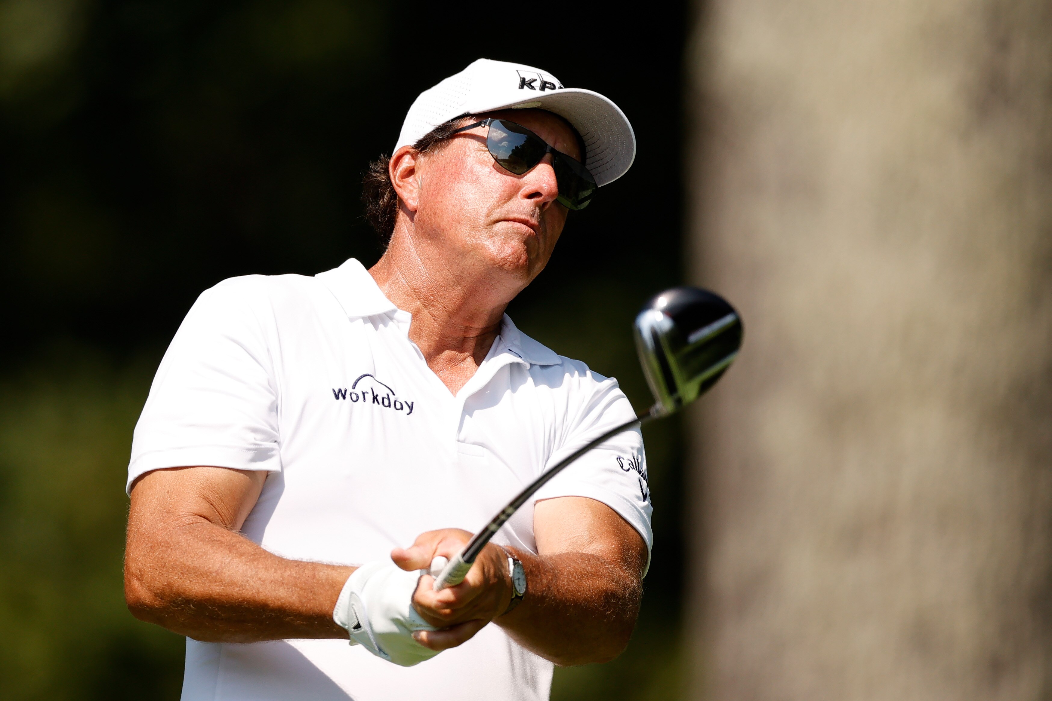 OWINGS MILLS, MARYLAND - AUGUST 26: Phil Mickelson of the United States plays his shot from the second tee during the first round of the BMW Championship at Caves Valley Golf Club on August 26, 2021 in Owings Mills, Maryland. (Photo by Tim Nwachukwu/Getty Images)