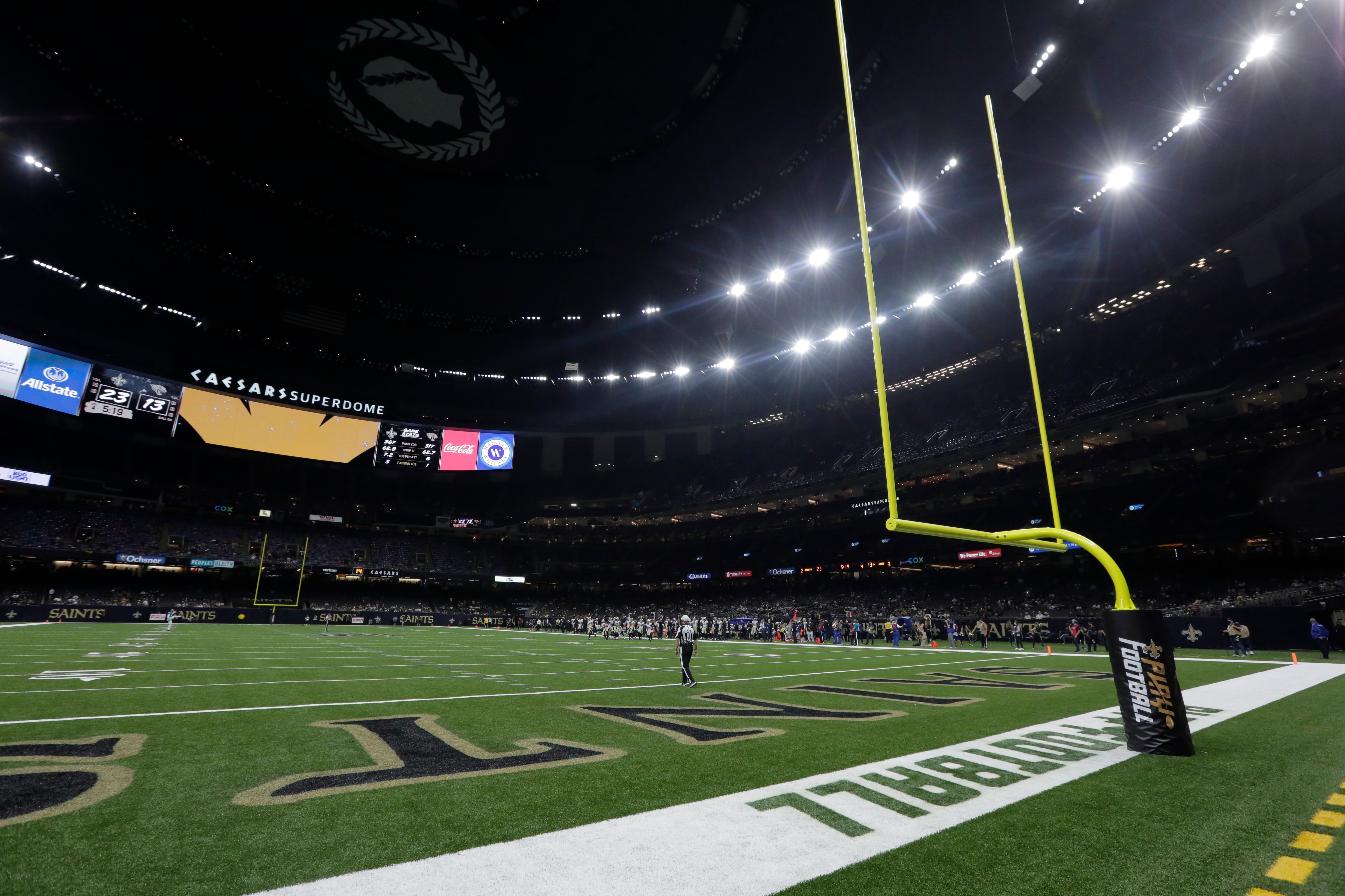 A view of the Caesar's Superdome is seen in the second half of an NFL preseason football game between the New Orleans Saints and the Jacksonville Jaguars in New Orleans, Monday, Aug. 23, 2021. The Saints won 23-21. (AP Photo/Derick Hingle)