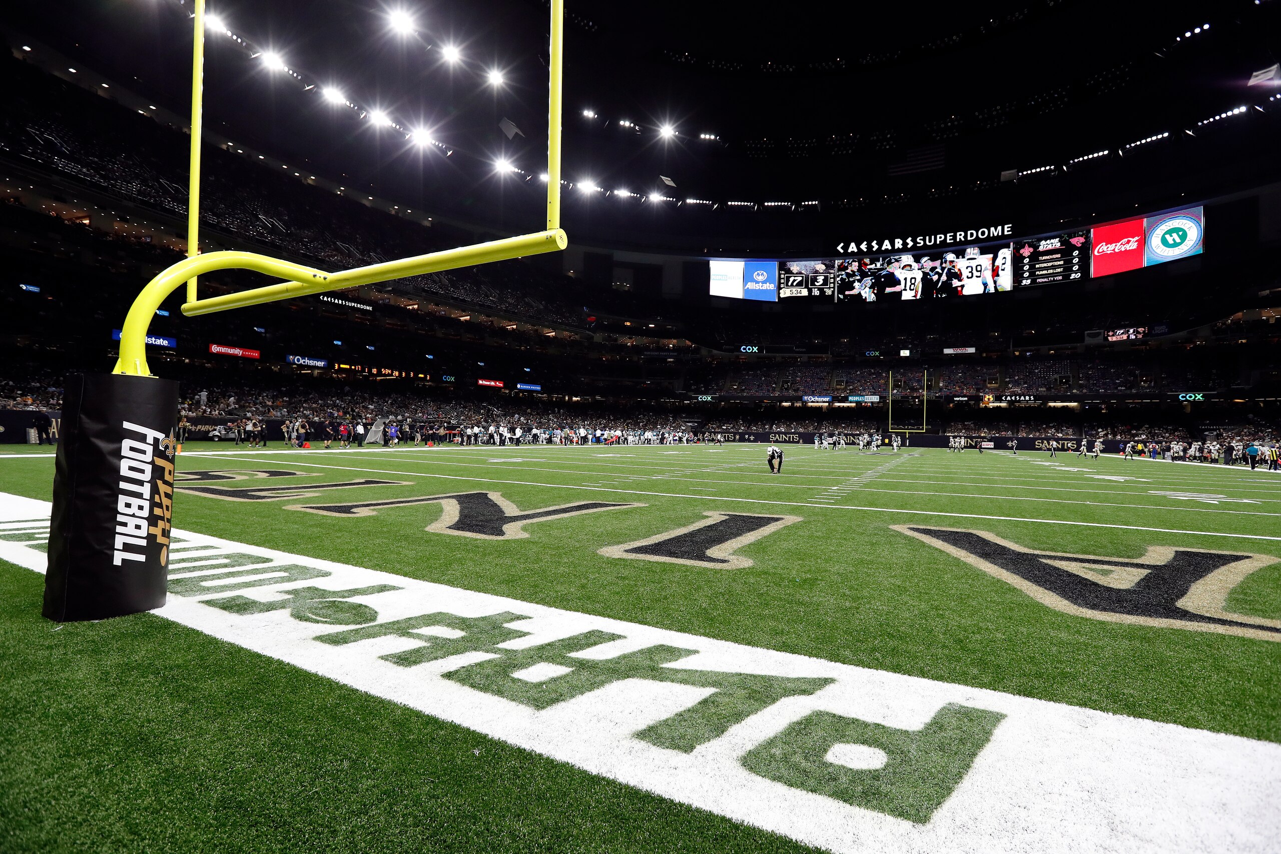 A general view during a preseason NFL football game, Monday between the New Orleans Saints and the Jacksonville Jaguars, Aug. 23, 2021, in New Orleans. (AP Photo/Tyler Kaufman)