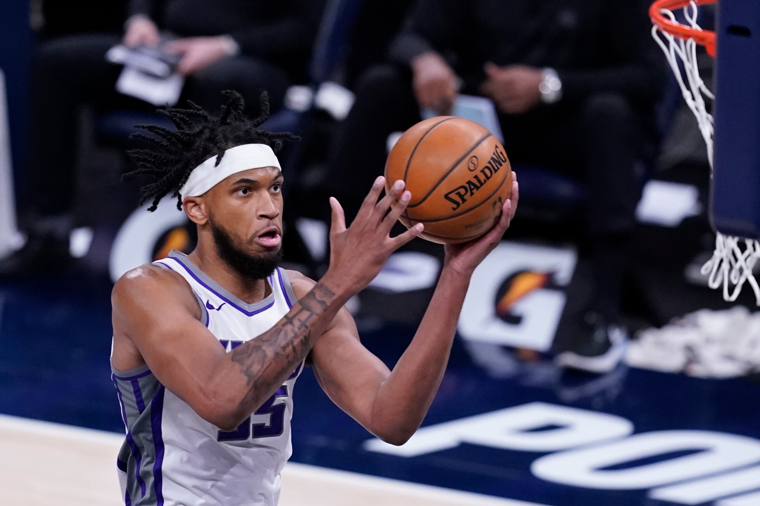 Sacramento Kings' Marvin Bagley III (35) puts up a shot during the first half of an NBA basketball game against the Indiana Pacers, Wednesday, May 5, 2021, in Indianapolis. (AP Photo/Darron Cummings)