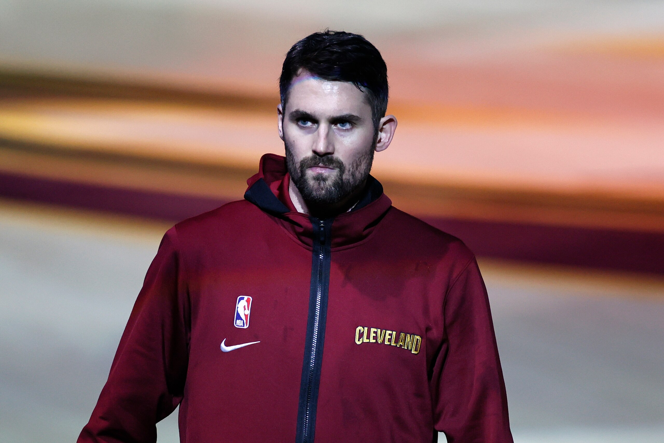 Cleveland Cavaliers' Kevin Love (0) waits to be introduced before an NBA basketball game against the Washington Wizards, Friday, April 30, 2021, in Cleveland. (AP Photo/Ron Schwane)