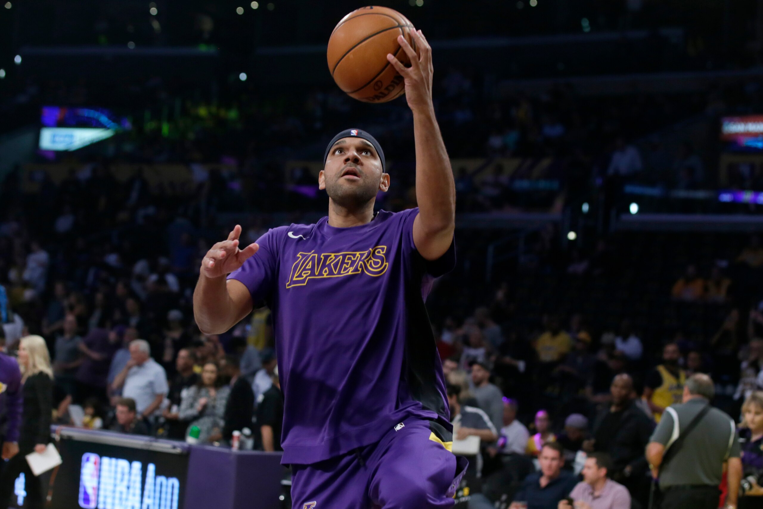 Los Angeles Lakers forward Jared Dudley warms up before the first half of an NBA basketball game against the Utah Jazz in Los Angeles, Friday, Oct. 25, 2019. (AP Photo/Alex Gallardo)