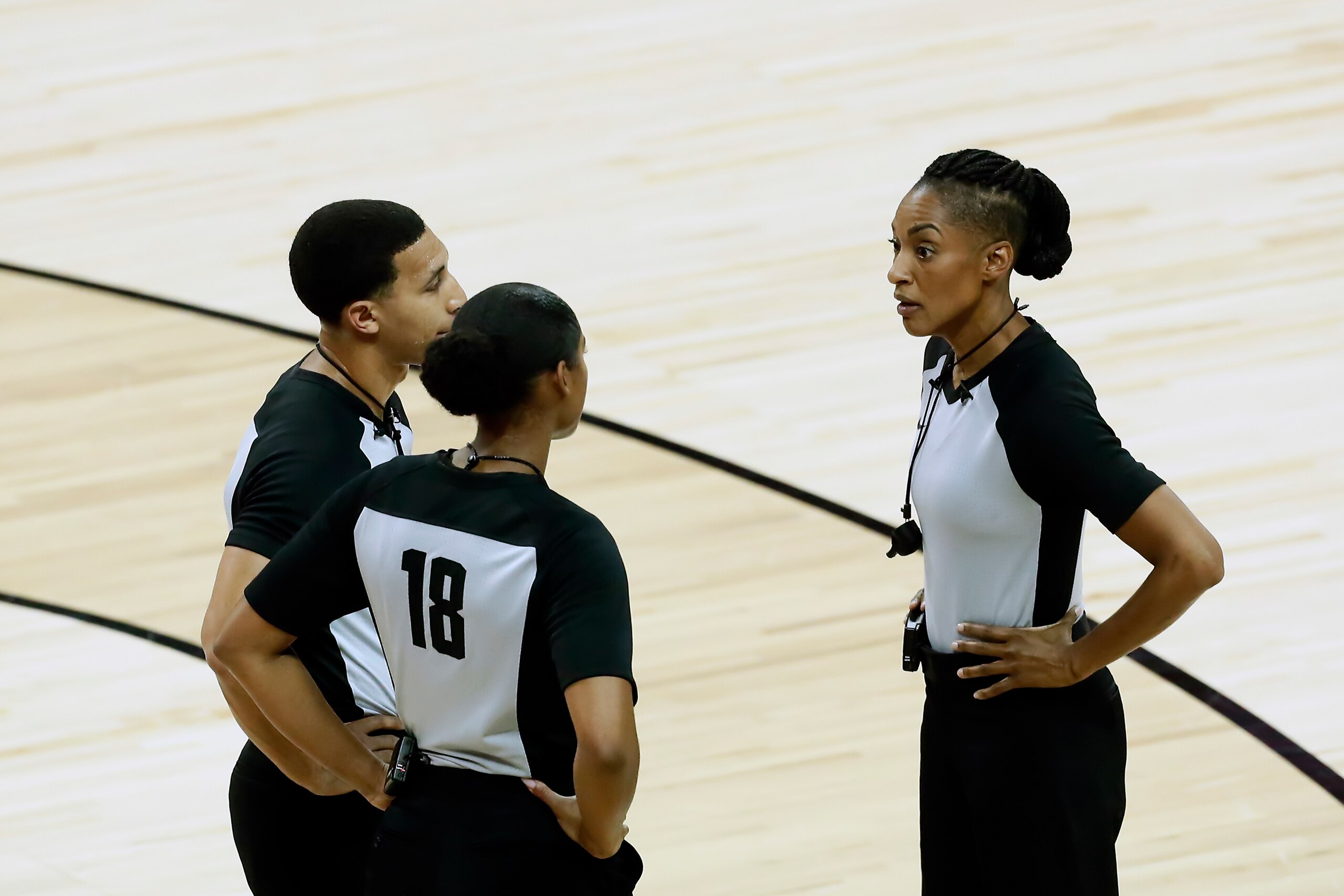 LAS VEGAS, NV - AUGUST 11:  NBA Referee, Angelica Suffren looks on during the game between the Toronto Raptors and the Golden State Warriors during the 2021 Las Vegas Summer League on August 11, 2021 at the Thomas & Mack Center in Las Vegas, Nevada. NOTE TO USER: User expressly acknowledges and agrees that, by downloading and or using this Photograph, User is consenting to the terms and conditions of the Getty Images License Agreement. Mandatory Copyright Notice: Copyright 2021 NBAE (Photo by Chris Elise/NBAE via Getty Images)