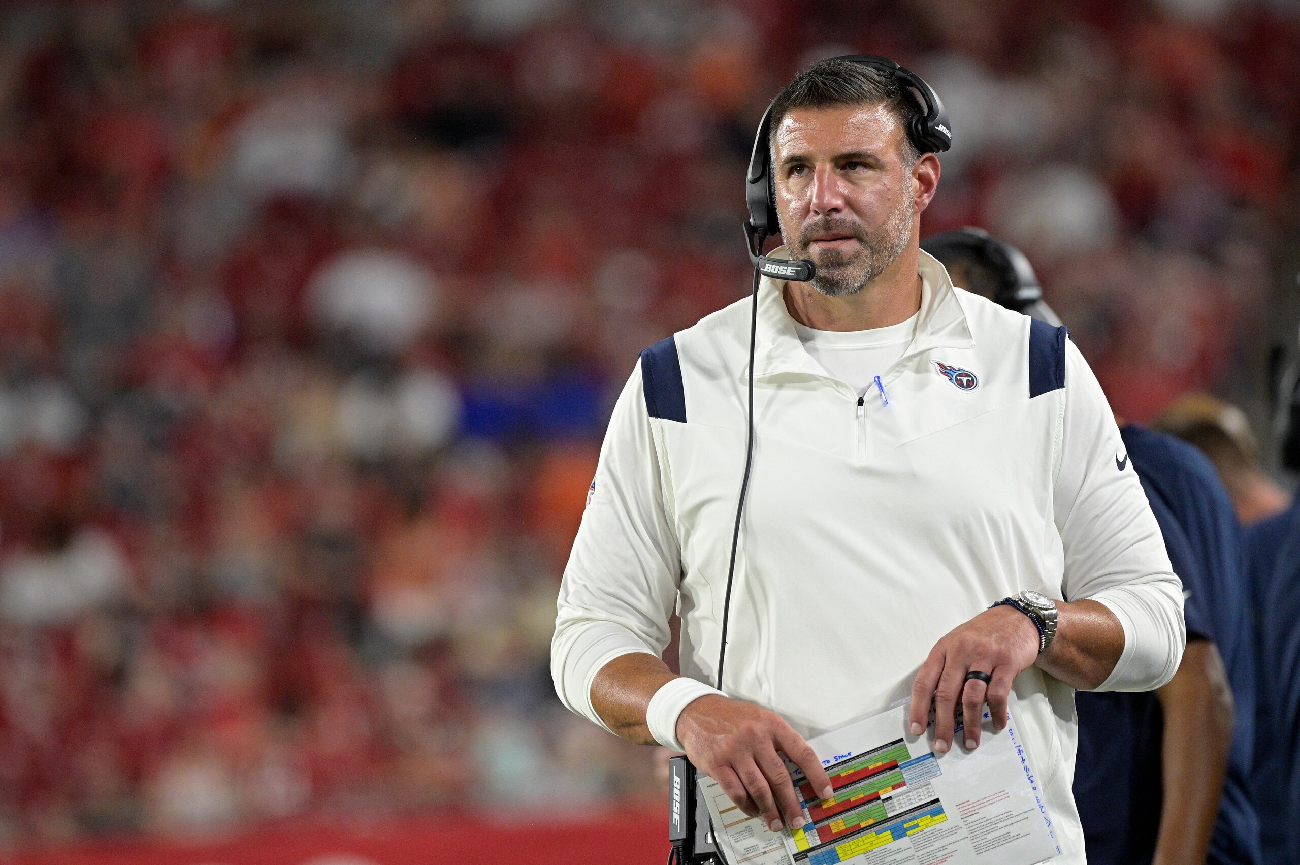 Tennessee Titans head coach Mike Vrabel watches from the sideline during the second half of a preseason NFL football game against the Tampa Bay Buccaneers, Saturday, Aug. 21, 2021, in Tampa, Fla. (AP Photo/Phelan M. Ebenhack)