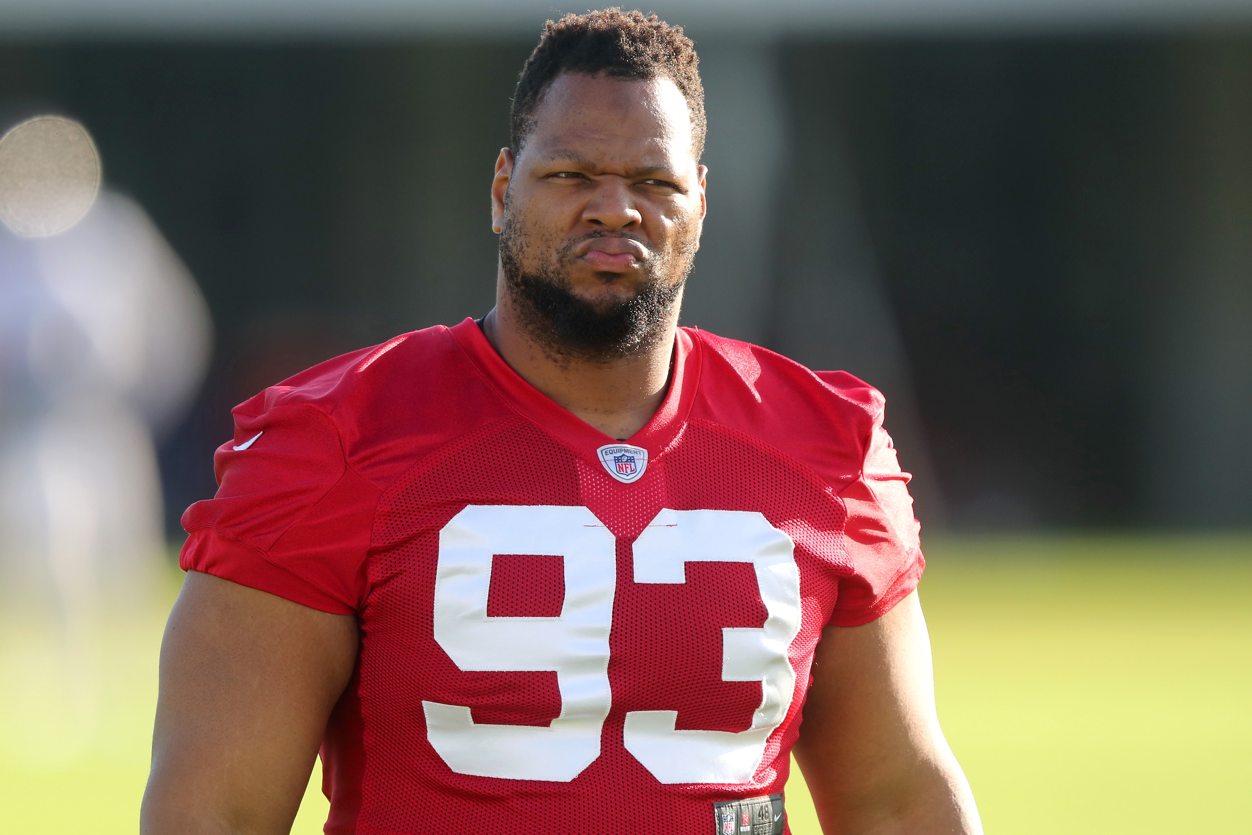 TAMPA, FL - JUL 30: Ndamukong Suh (93) walks over to the defensive line training area during the Tampa Bay Buccaneers Training Camp on July 30, 2021 at the AdventHealth Training Center at One Buccaneer Place in Tampa, Florida. (Photo by Cliff Welch/Icon Sportswire via Getty Images)