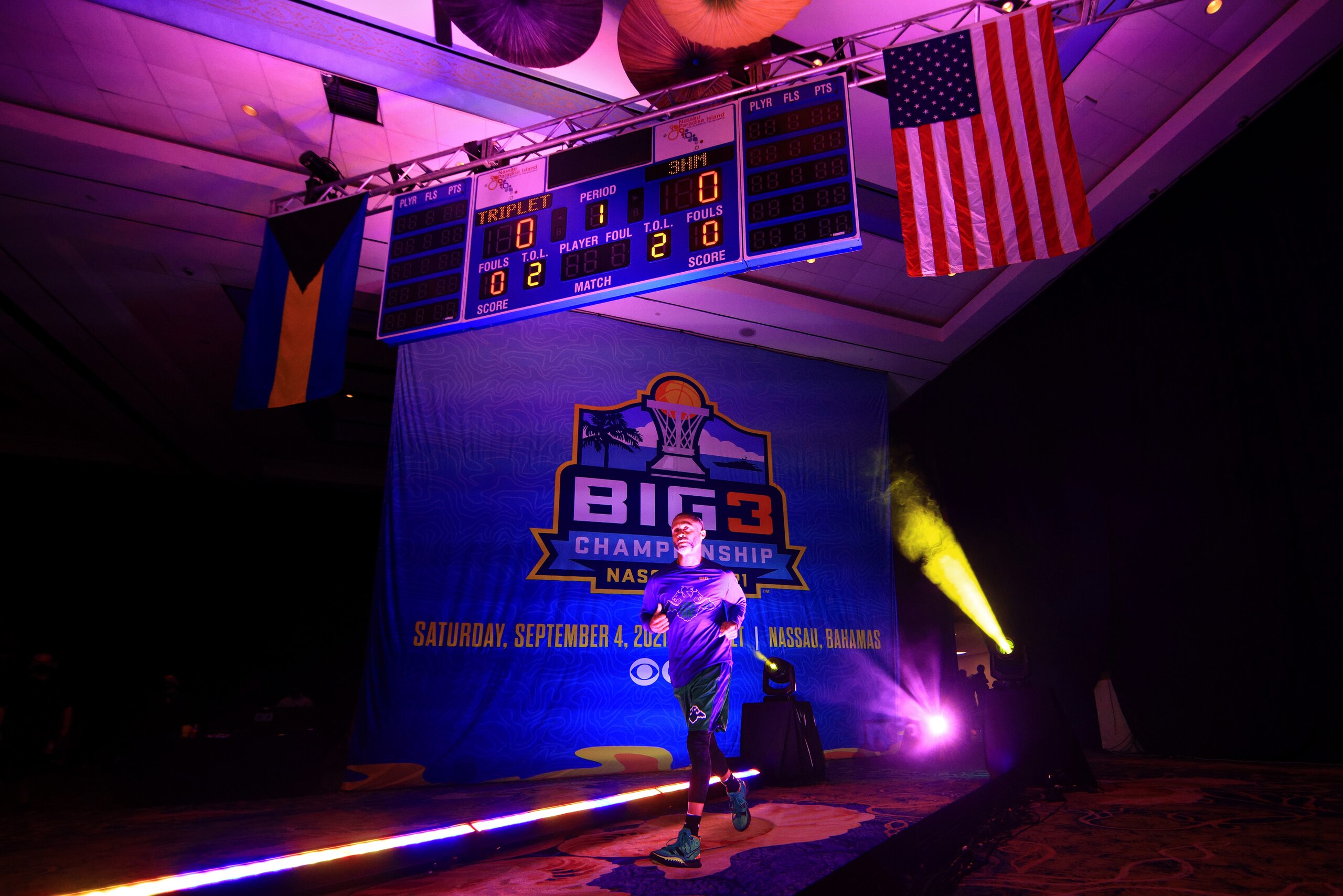 NASSAU, BAHAMAS - AUGUST 28: Mahmoud Abdul-Rauf #7 of the 3 Headed Monsters is introduced before the game against the Triplets during the BIG3 - Playoffs at Atlantis Paradise Island on August 28, 2021 in Nassau, Bahamas. (Photo by Mike Ehrmann/Getty Images)