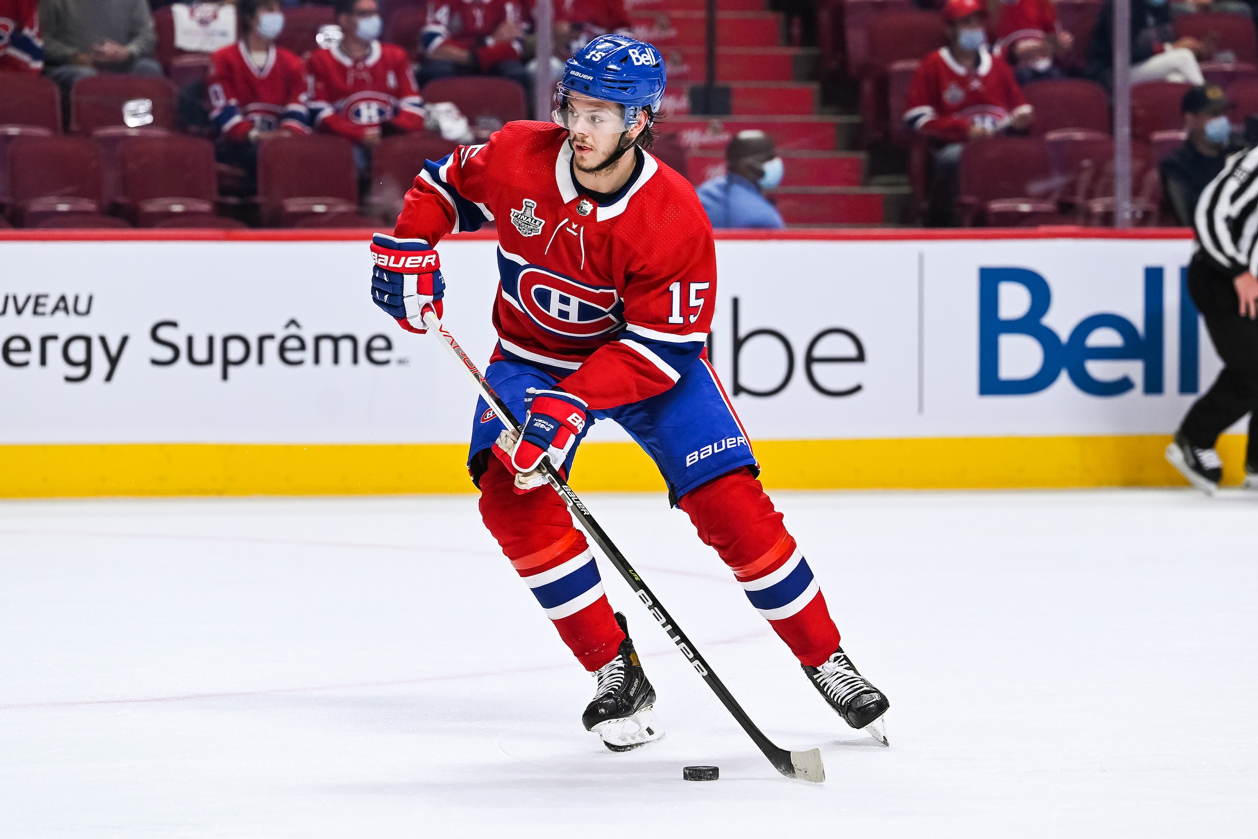 MONTREAL, QC - JULY 02: Montreal Canadiens center Jesperi Kotkaniemi (15) skates in control with the pcuk during the NHL Stanley Cup Playoffs Final game 3 between the Tampa Bay Lightning versus the Montreal Canadiens on July 02, 2021, at Bell Centre in Montreal, QC (Photo by David Kirouac/Icon Sportswire via Getty Images)