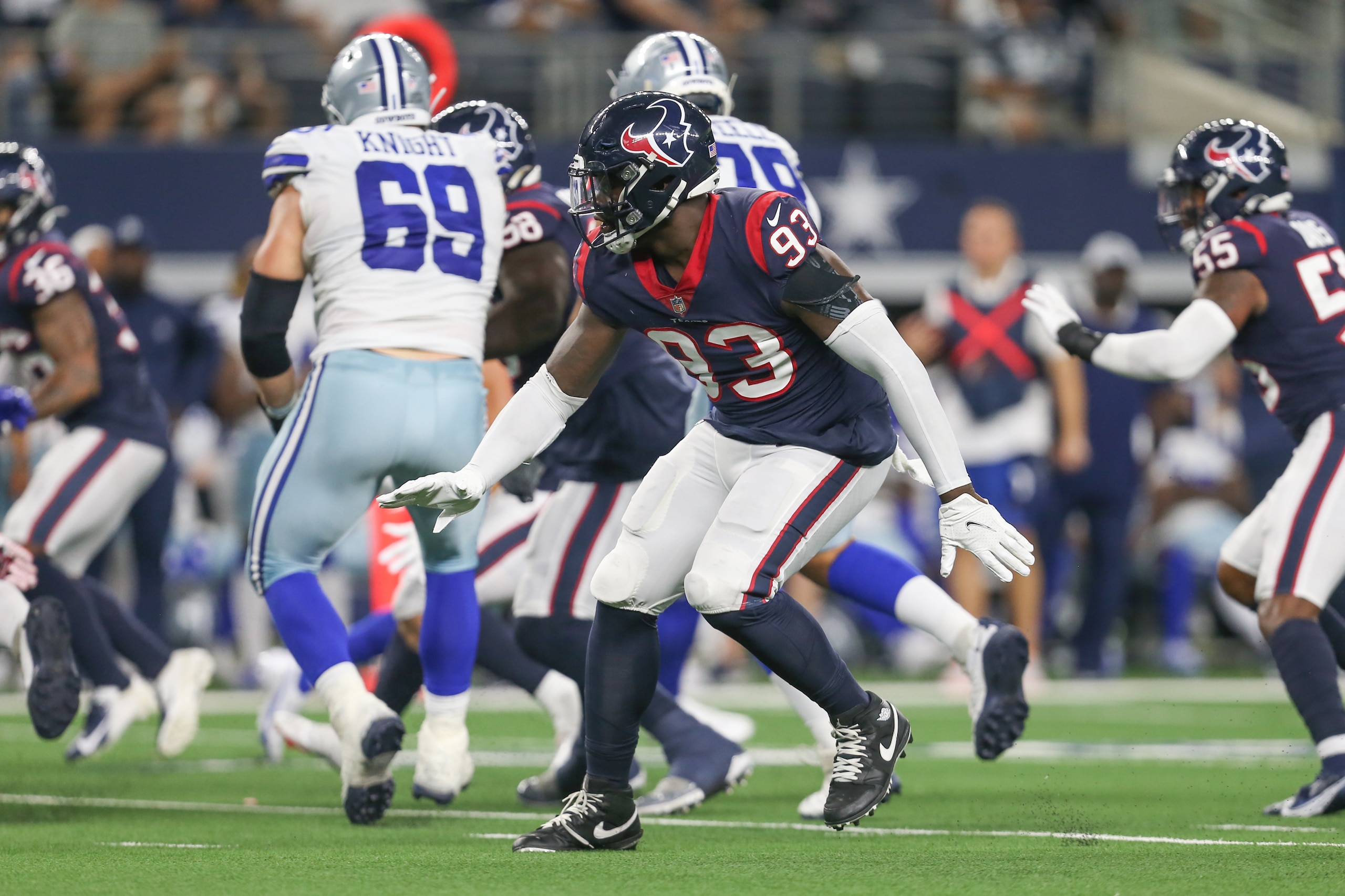 ARLINGTON, TX - AUGUST 21: Houston Texans defensive end Shaq Lawson (93) reacts to the play during the game between the Dallas Cowboys and the Houston Texans on August 21, 2021 at AT&T Stadium in Arlington, TX. (Photo by George Walker/Icon Sportswire via Getty Images)