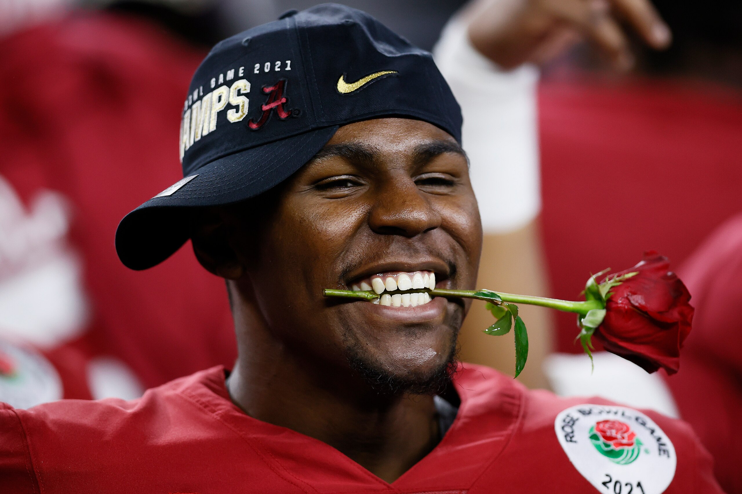 ARLINGTON, TEXAS - JANUARY 01: Quandarrius Robinson #34 of the Alabama Crimson Tide celebrates after defeating Notre Dame Fighting Irish 31-14 in the 2021 College Football Playoff Semifinal Game at the Rose Bowl Game presented by Capital One at AT&T Stadium on January 01, 2021 in Arlington, Texas. (Photo by Tom Pennington/Getty Images)