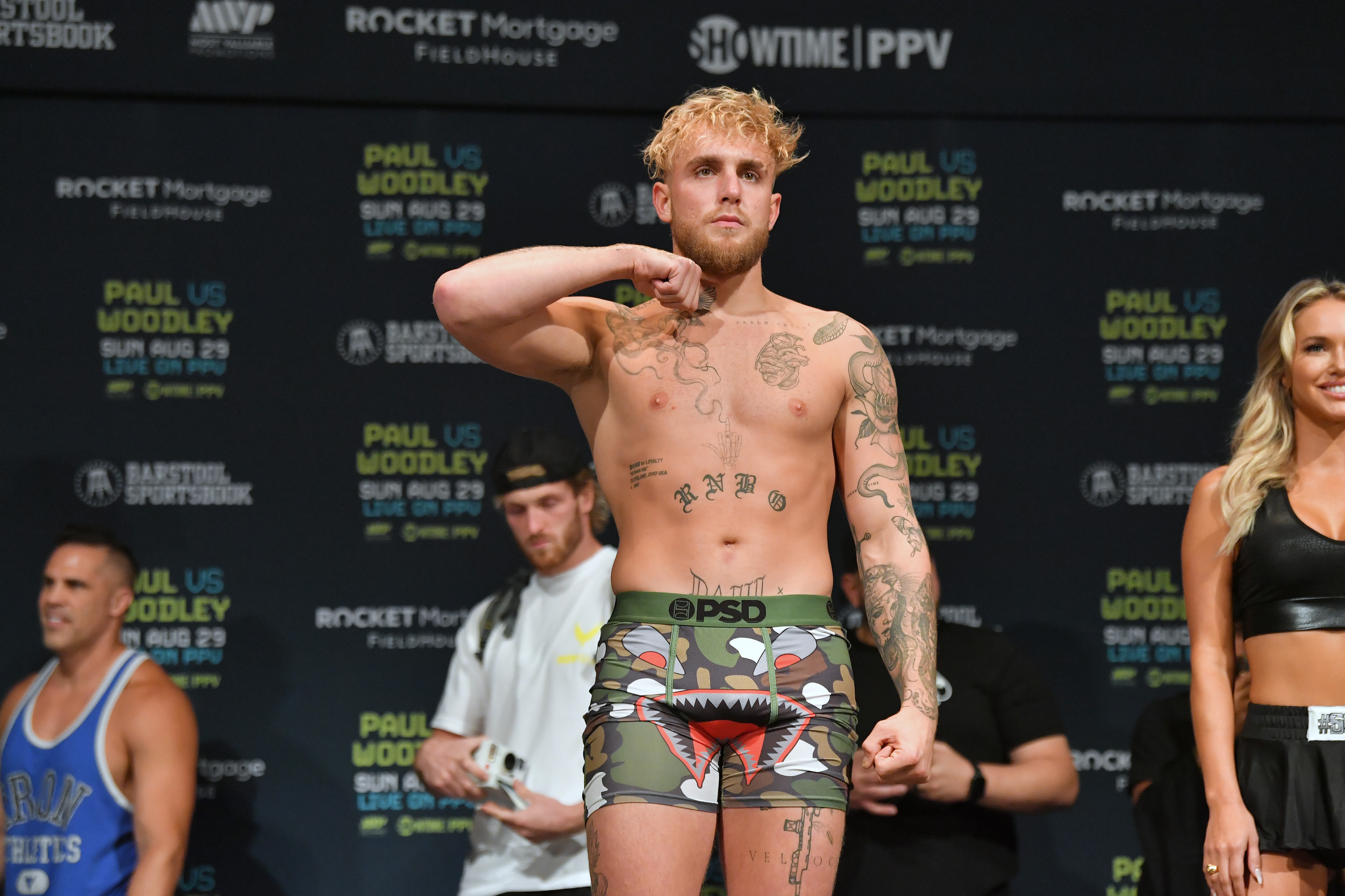CLEVELAND, OHIO - AUGUST 28: Jake Paul poses during the weigh in event at the State Theater prior to his August 29 fight against Tyron Woodley on August 28, 2021 in Cleveland, Ohio. (Photo by Jason Miller/Getty Images)