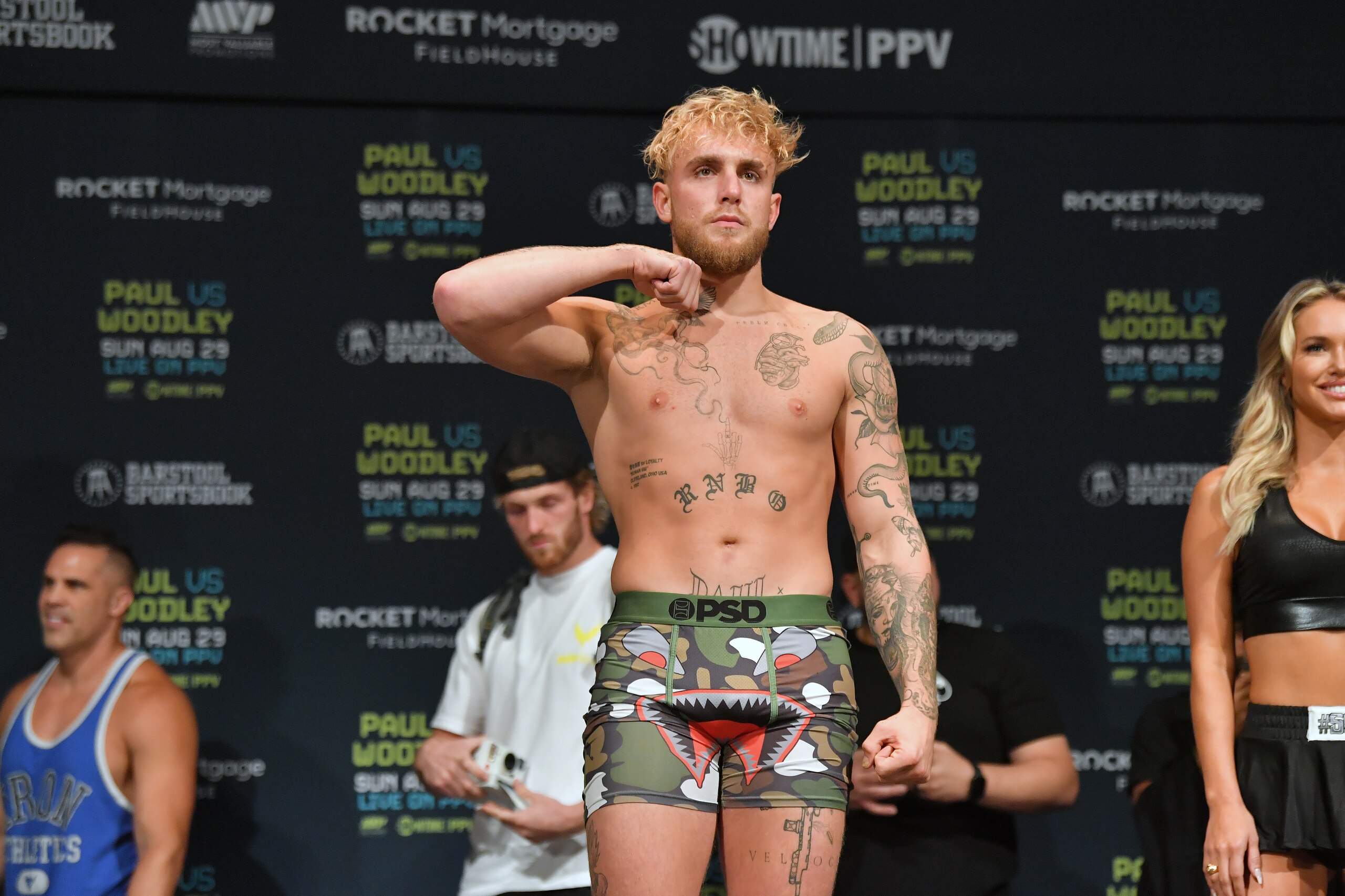 CLEVELAND, OHIO - AUGUST 28: Jake Paul poses during the weigh in event at the State Theater prior to his August 29 fight against Tyron Woodley on August 28, 2021 in Cleveland, Ohio. (Photo by Jason Miller/Getty Images)
