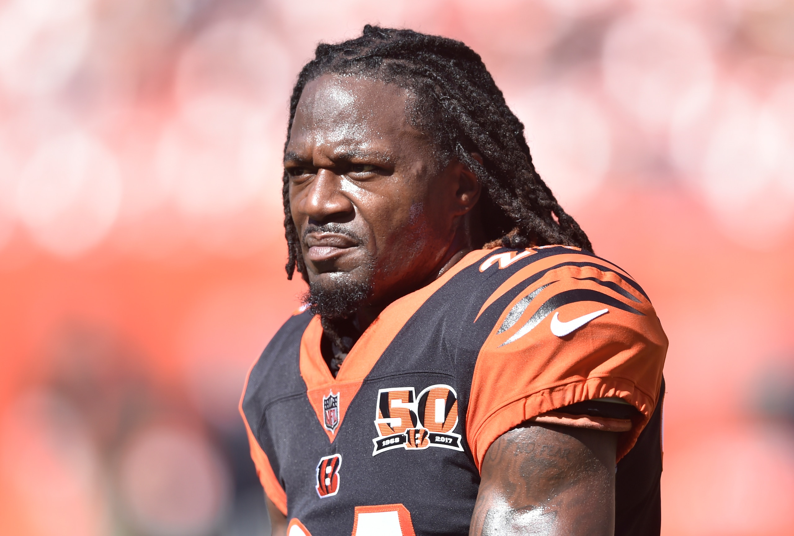 FILE - In this Oct. 1, 2017, file photo, Cincinnati Bengals cornerback Adam "Pacman" Jones walks on the field before an NFL football game against the Cleveland Browns, in Cleveland. Police say Cincinnati Bengals cornerback Adam "Pacman" Jones was attacked during a run-in with a facility-service employee at the airport in Atlanta. Atlanta Police spokesman Jarius Daugherty says Jones confronted ABM Industries employee Frank Ragin after Ragin made a "gesture" toward the football player Tuesday night, July 10, 2018, at Hartsfield-Jackson Atlanta International Airport. (AP Photo/David Richard, File)