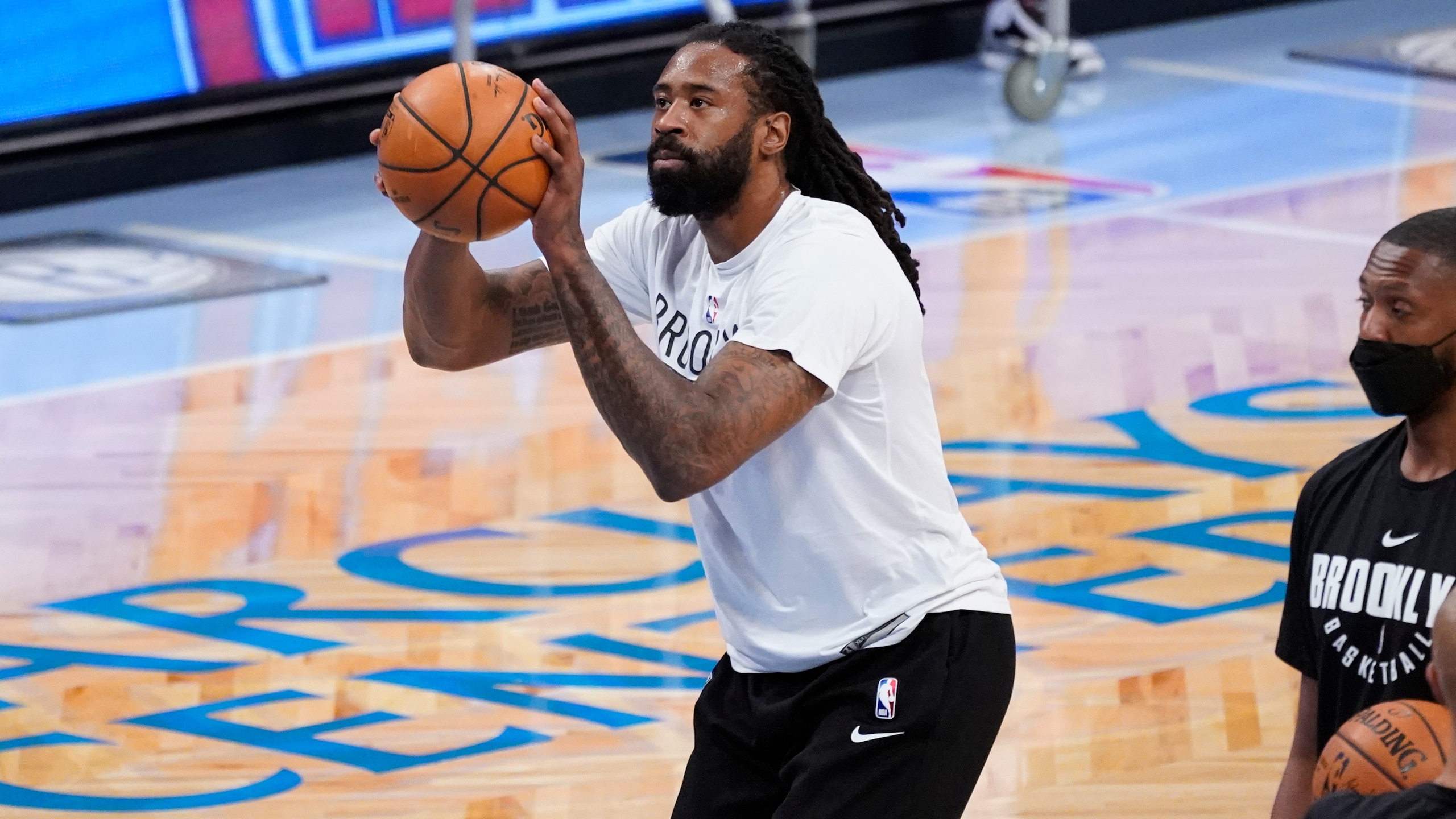 Brooklyn Nets center DeAndre Jordan warms up before the start of an NBA basketball game against the Portland Trail Blazers, Friday, April 30, 2021, in New York. (AP Photo/Mary Altaffer)