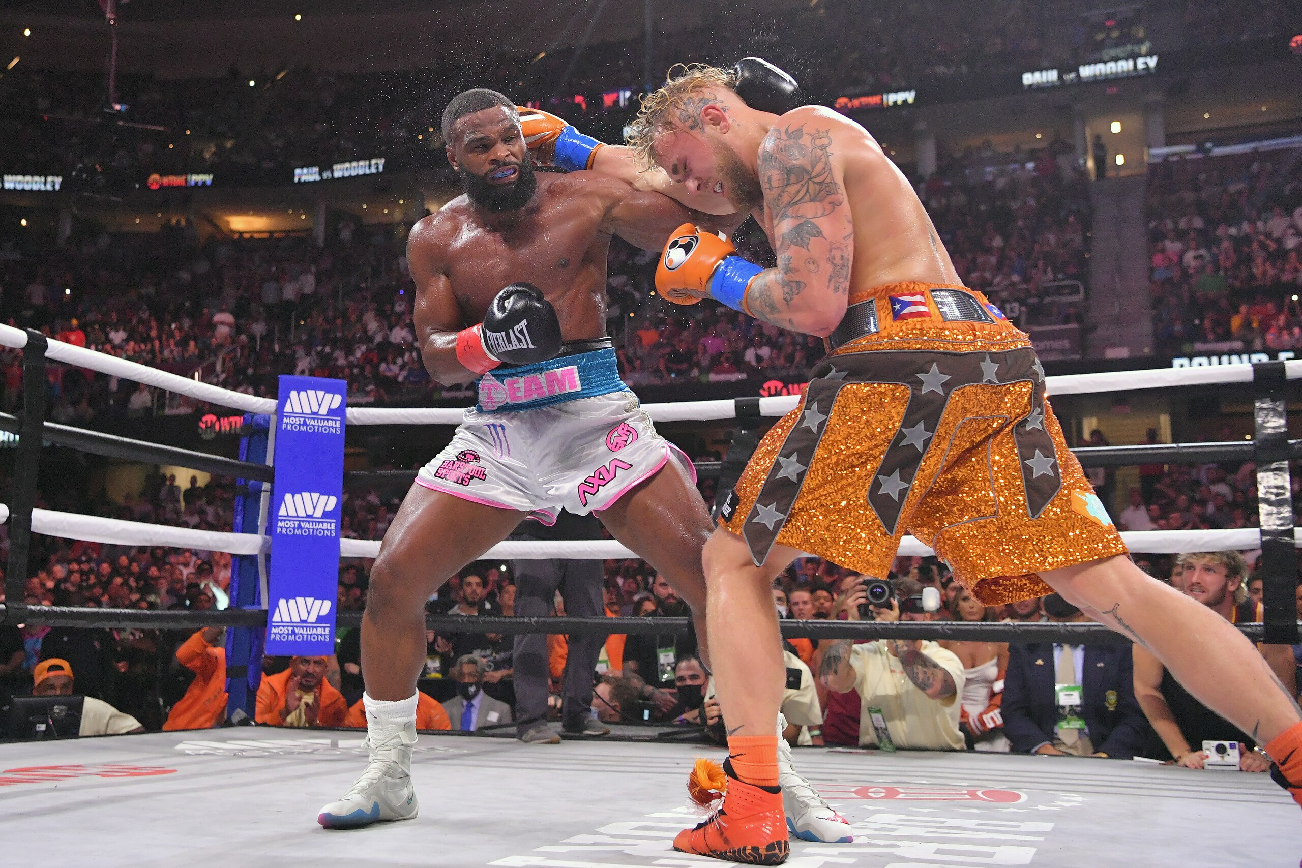CLEVELAND, OHIO - AUGUST 29: Jake Paul fights Tyron Woodley in their cruiserweight bout during a Showtime pay-per-view event at Rocket Morgage Fieldhouse on August 29, 2021 in Cleveland, Ohio. (Photo by Jason Miller/Getty Images)