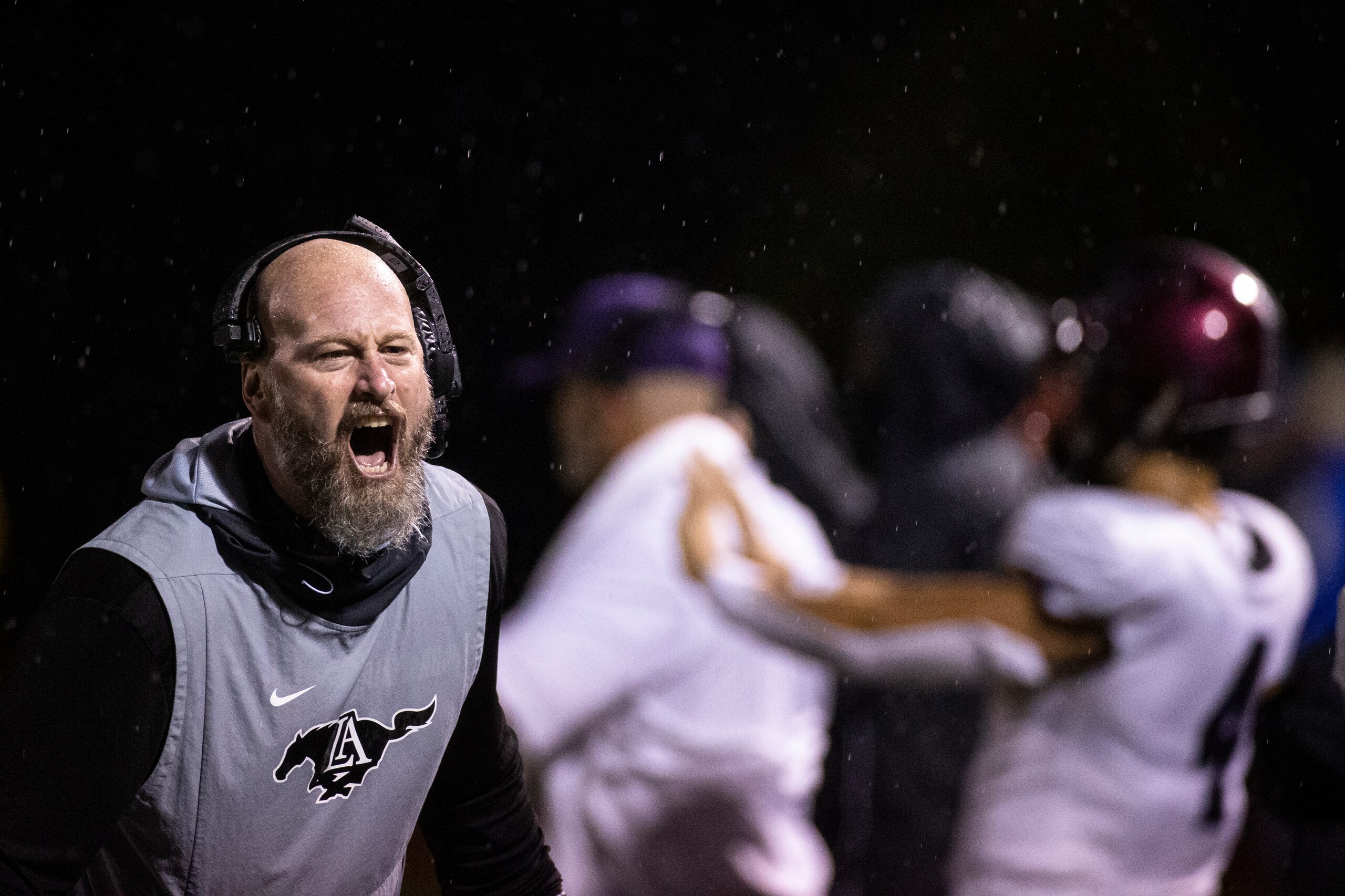 BRENTWOOD, TN - AUGUST 21:  Head coach Trent Dilfer of Lipscomb Academy instructs his players during a football game against Brentwood Academy on August 21, 2020 in Brentwood, Tennessee. High school football restarted this week across most of Tennessee despite the coronavirus (COVID-19) pandemic still affecting many parts of the world. (Photo by Brett Carlsen/Getty Images)