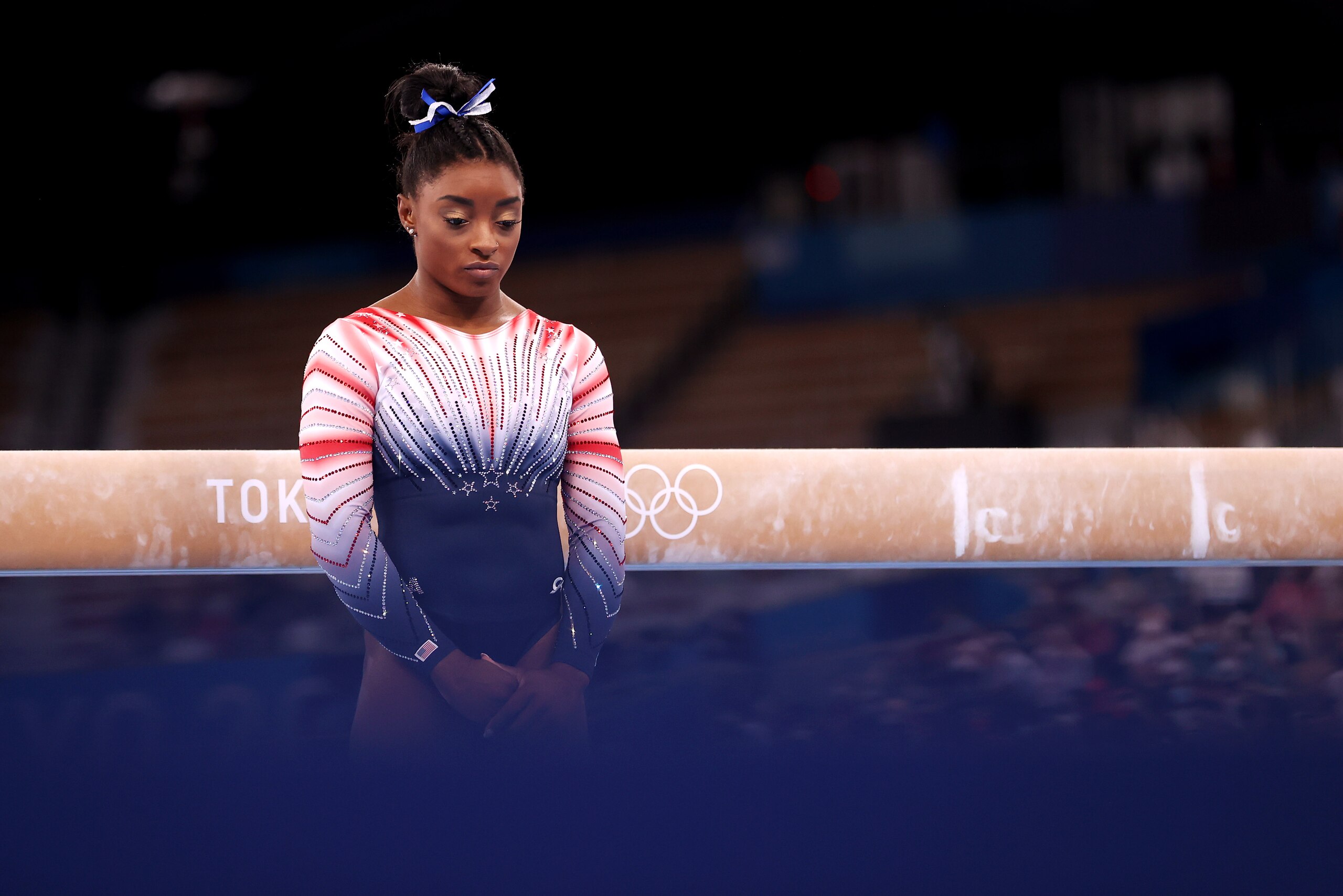 TOKYO, JAPAN - AUGUST 03: Simone Biles of Team United States competes in the Women's Balance Beam Final on day eleven of the Tokyo 2020 Olympic Games at Ariake Gymnastics Centre on August 03, 2021 in Tokyo, Japan. (Photo by Laurence Griffiths/Getty Images) TOKYO, JAPAN - AUGUST 03: Simone Biles of Team United States competes in the Women's Balance Beam Final on day eleven of the Tokyo 2020 Olympic Games at Ariake Gymnastics Centre on August 03, 2021 in Tokyo, Japan. (Photo by Laurence Griffiths/Getty Images)