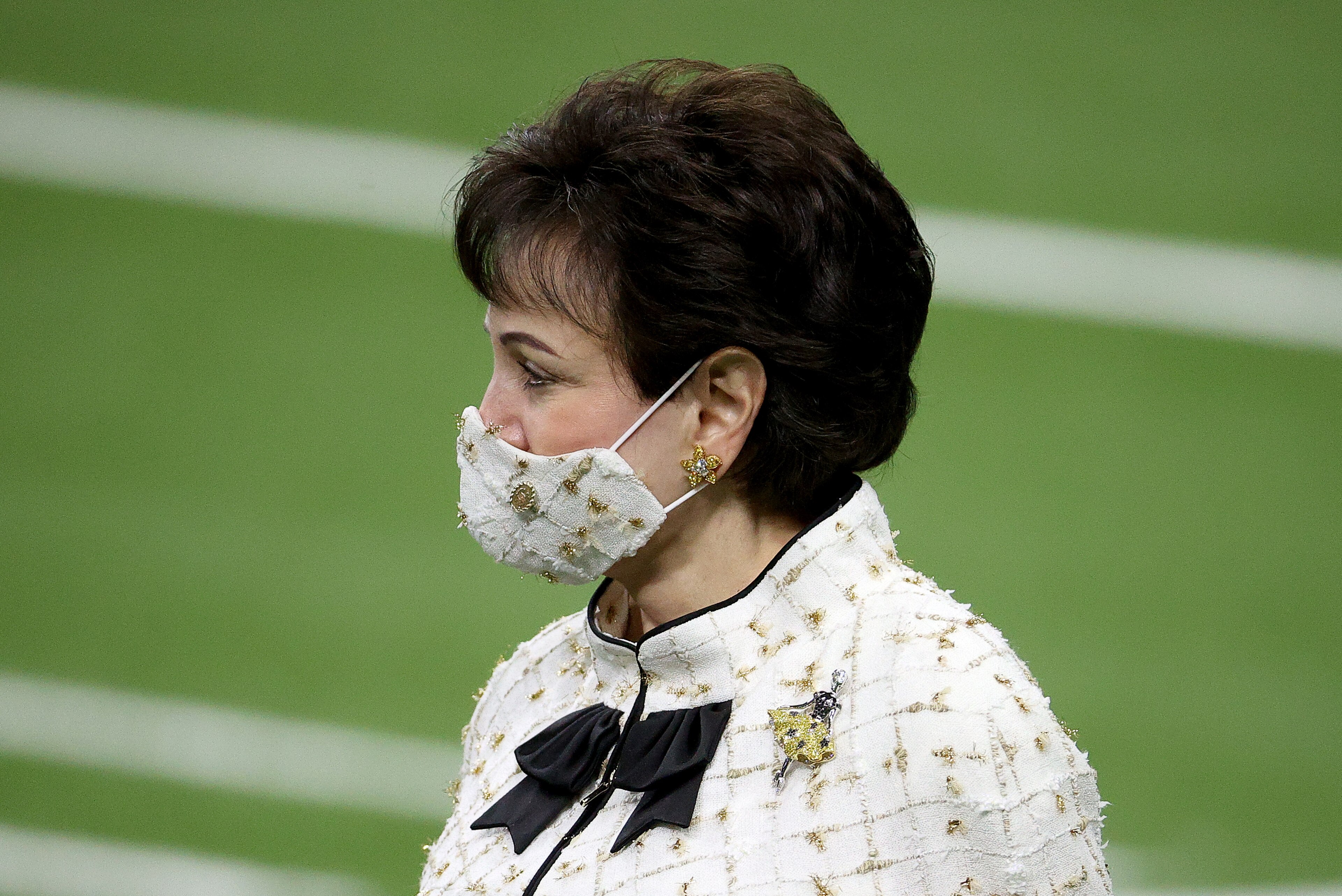 NEW ORLEANS, LOUISIANA - NOVEMBER 22:  New Orleans Saints owner Gayle Benson walks on the field before the game against the Atlanta Falcons at Mercedes-Benz Superdome on November 22, 2020 in New Orleans, Louisiana. (Photo by Chris Graythen/Getty Images)