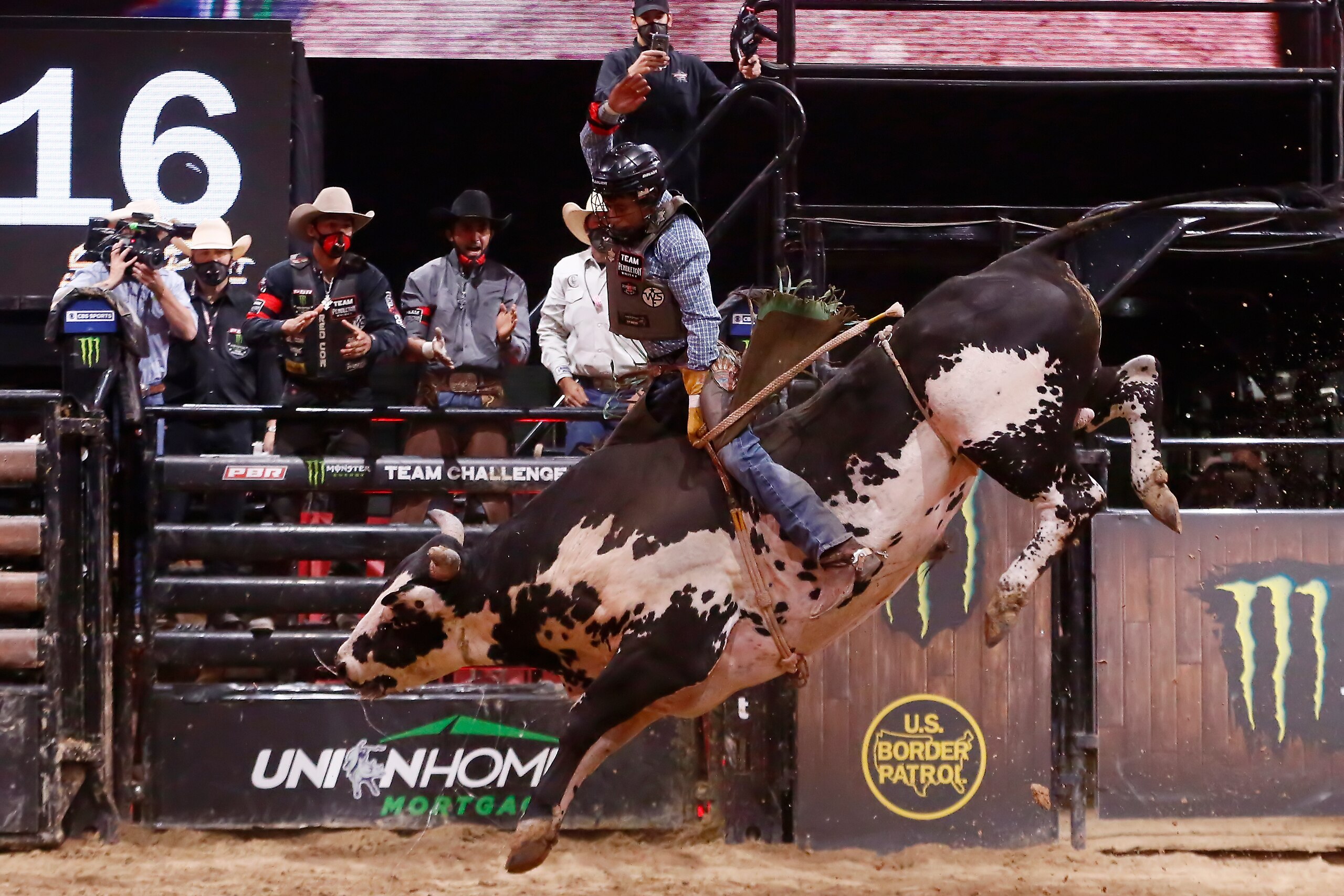 LAS VEGAS, NV - JUNE 21: Amadeu Campos Silva rides bull Marquis Metal Works Draggin Up during the Monster Energy Team Challenge, on June 21, 2020, at the South Point Arena, Las Vegas, NV. (Photo by Chris Elise/Icon Sportswire via Getty Images)