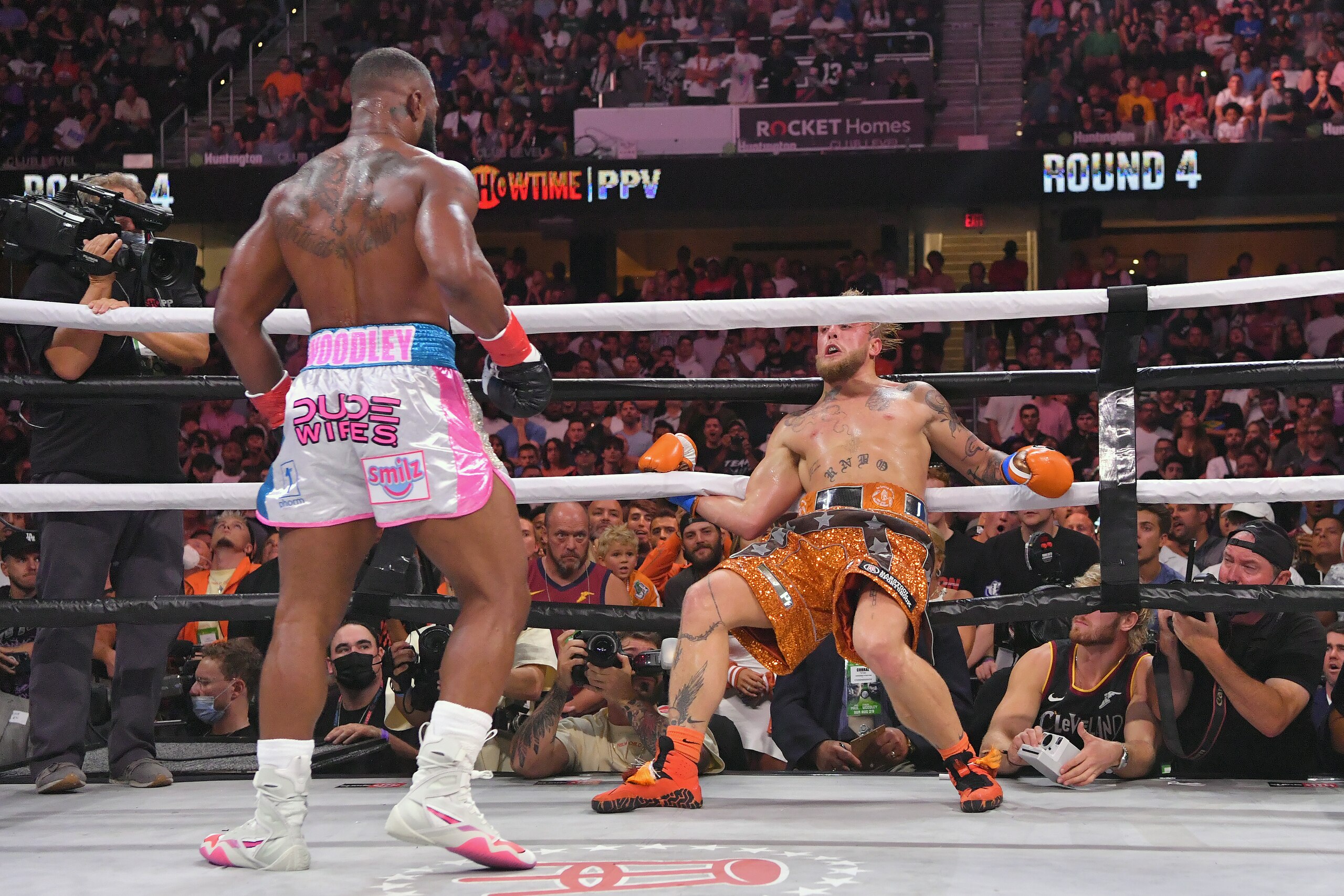 CLEVELAND, OHIO - AUGUST 29: Jake Paul fights Tyron Woodley in their cruiserweight bout during a Showtime pay-per-view event at Rocket Morgage Fieldhouse on August 29, 2021 in Cleveland, Ohio. (Photo by Jason Miller/Getty Images)
