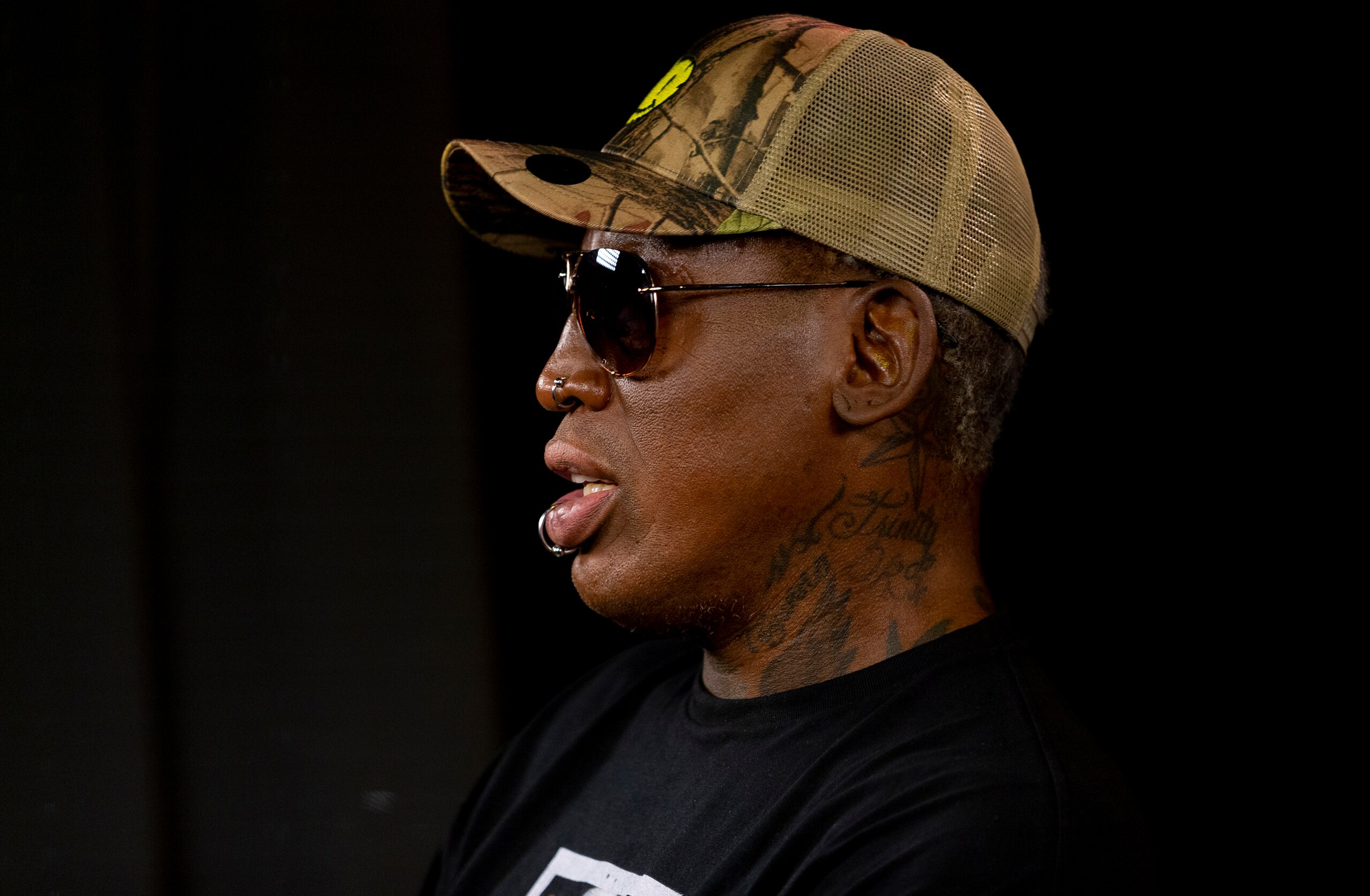 In this Monday, Sept. 9, 2019, photo, former NBA star Dennis Rodman is interviewed in Los Angeles. Rodman's spectacular personal highs and very public lows are the subject of the new ESPN "30 For 30" documentary "Dennis Rodman: For Better or Worse."  (AP Photo/Damian Dovarganes)