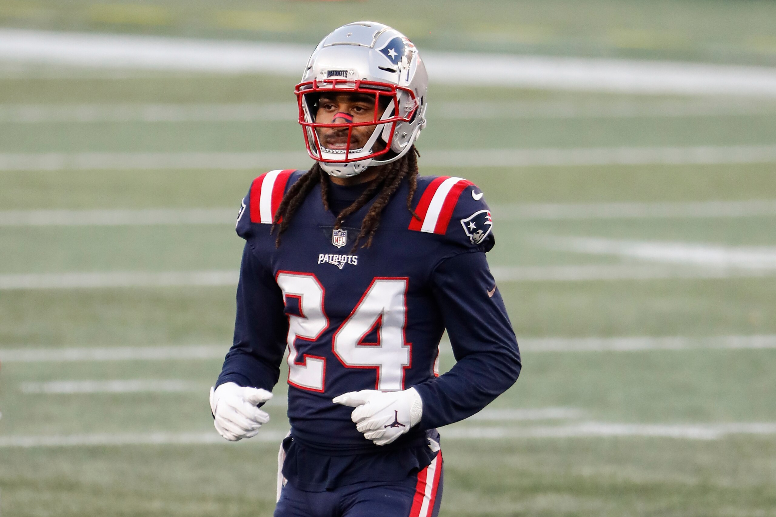 New England Patriots' Stephon Gilmore during an NFL football game against the Arizona Cardinals at Gillette Stadium, Sunday, Nov. 29, 2020 in Foxborough, Mass. (Winslow Townson/AP Images for Panini) New England Patriots' Stephon Gilmore during an NFL football game against the Arizona Cardinals at Gillette Stadium, Sunday, Nov. 29, 2020 in Foxborough, Mass. (Winslow Townson/AP Images for Panini)