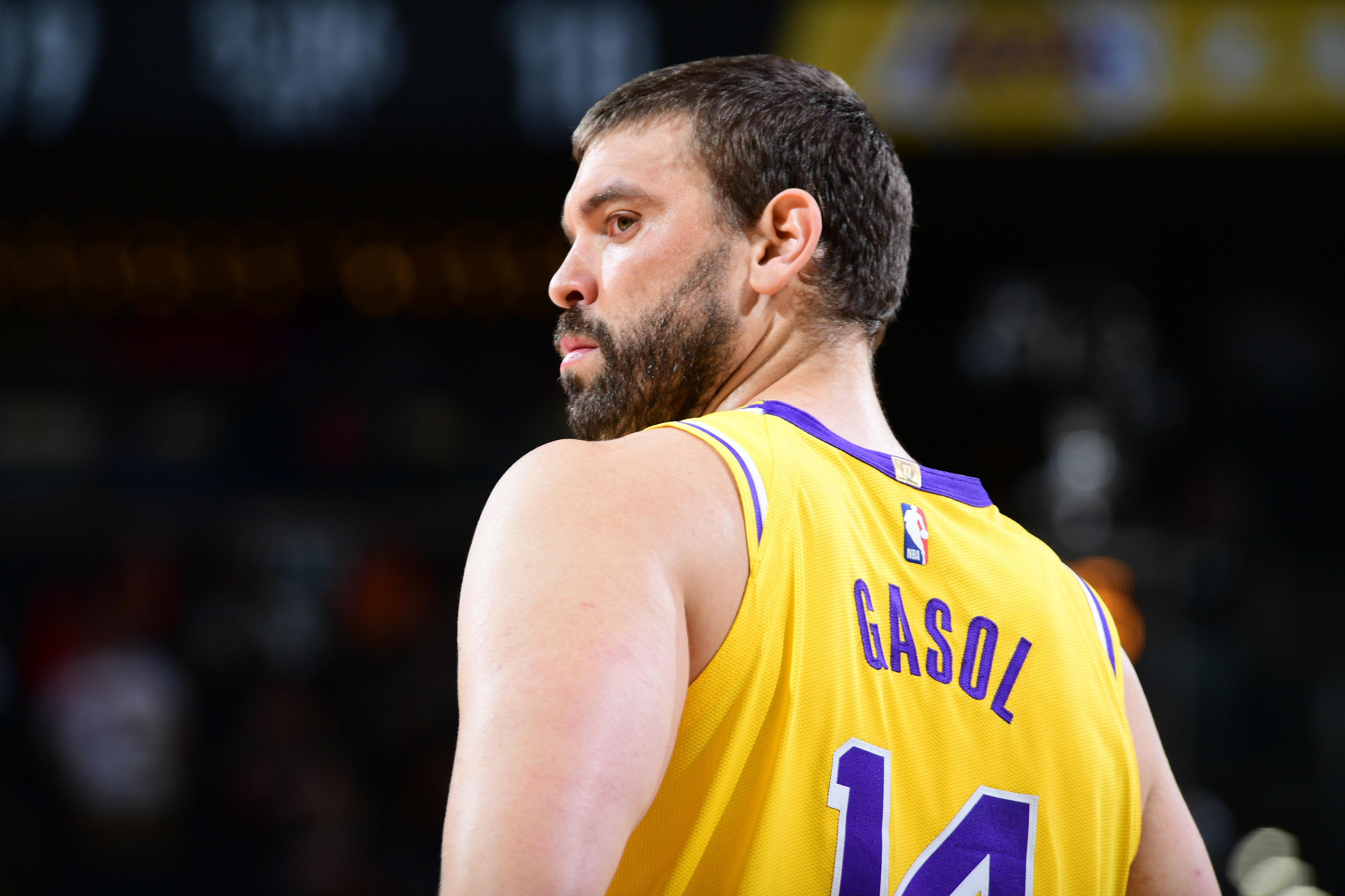 PHOENIX, AZ - JUNE 1: Marc Gasol #14 of the Los Angeles Lakers looks on against the Phoenix Suns during Round 1, Game 5 of the 2021 NBA Playoffs on June 1, 2021 at Phoenix Suns Arena in Phoenix, Arizona. NOTE TO USER: User expressly acknowledges and agrees that, by downloading and or using this photograph, user is consenting to the terms and conditions of the Getty Images License Agreement. Mandatory Copyright Notice: Copyright 2021 NBAE (Photo by Michael Gonzales/NBAE via Getty Images) PHOENIX, AZ - JUNE 1: Marc Gasol #14 of the Los Angeles Lakers looks on against the Phoenix Suns during Round 1, Game 5 of the 2021 NBA Playoffs on June 1, 2021 at Phoenix Suns Arena in Phoenix, Arizona. NOTE TO USER: User expressly acknowledges and agrees that, by downloading and or using this photograph, user is consenting to the terms and conditions of the Getty Images License Agreement. Mandatory Copyright Notice: Copyright 2021 NBAE (Photo by Michael Gonzales/NBAE via Getty Images)