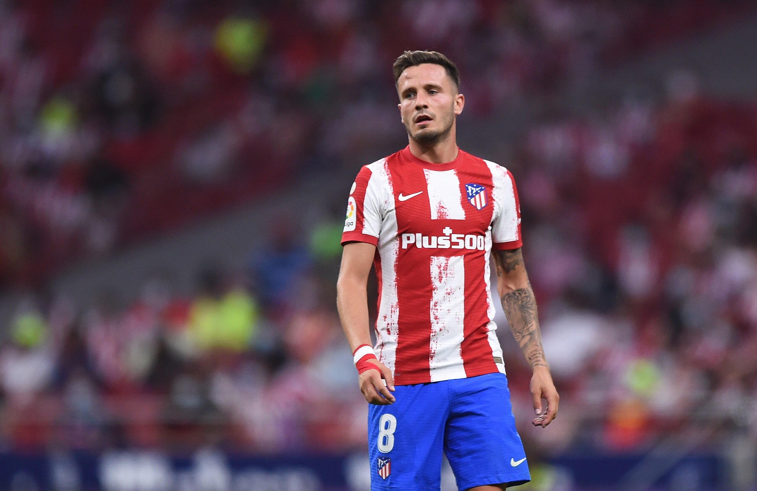 MADRID, SPAIN - AUGUST 22: Saul Niguez of Atletico de Madrid reacts during the La Liga Santander match between Club Atletico de Madrid and Elche CF at Estadio Wanda Metropolitano on August 22, 2021 in Madrid, Spain. (Photo by Denis Doyle/Getty Images)