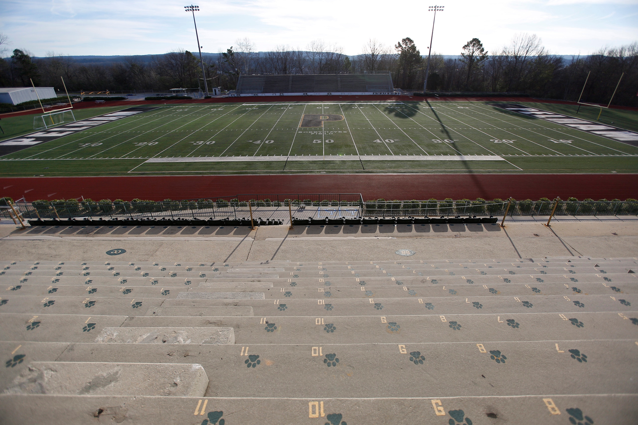 Pelham High School football field is seen, Wednesday, Jan. 6, 2016, where  Clemson football head coach Dabo Swinney attend high school, in Pelham, Ala. Clemson will now play Alabama in the NCAA college football championship game on Monday. (AP Photo/Brynn Anderson)