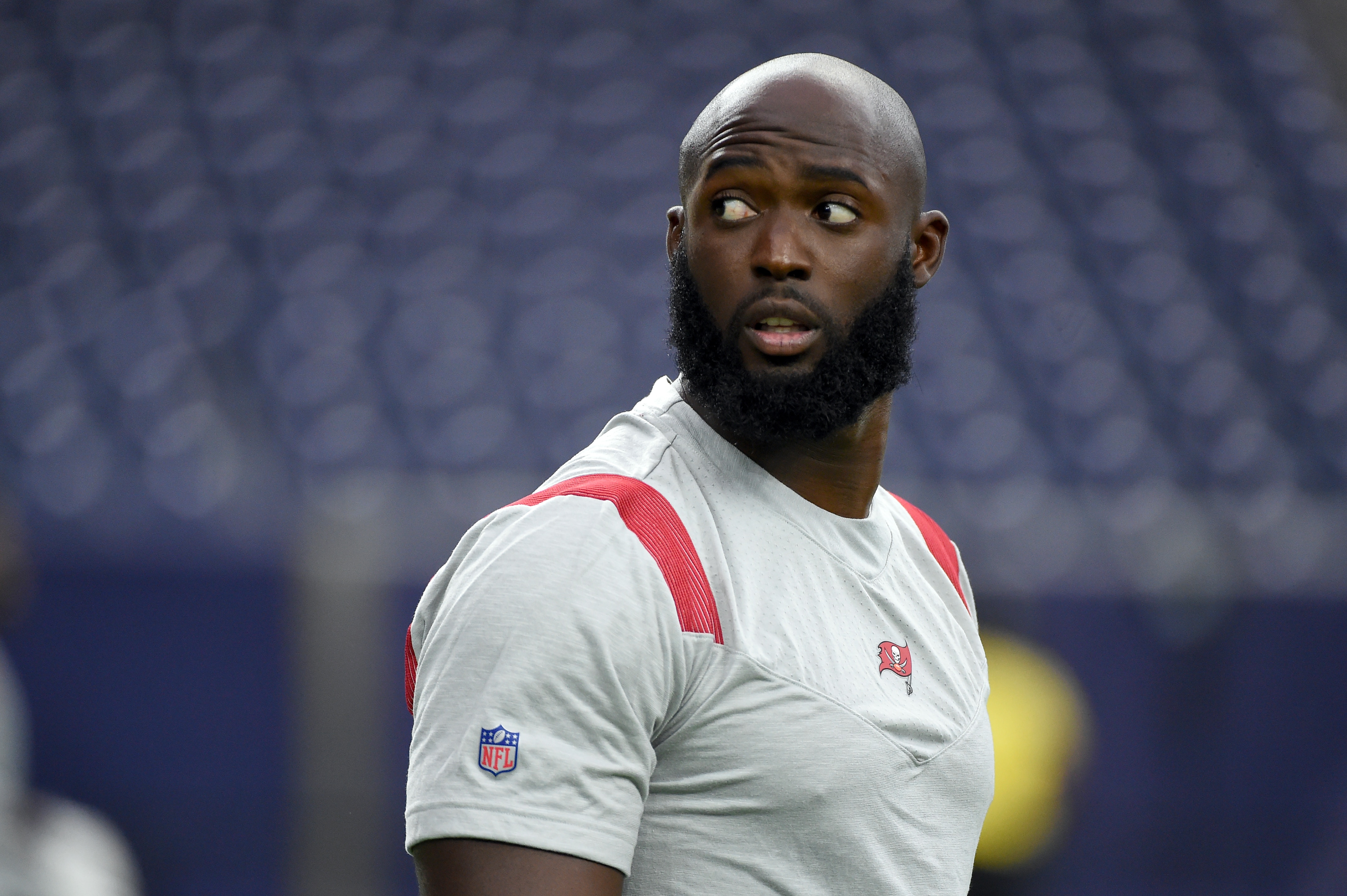 Tampa Bay Buccaneers' Leonard Fournette warms up before an NFL preseason football game against the Houston Texans Saturday, Aug. 28, 2021, in Houston. (AP Photo/Eric Christian Smith)