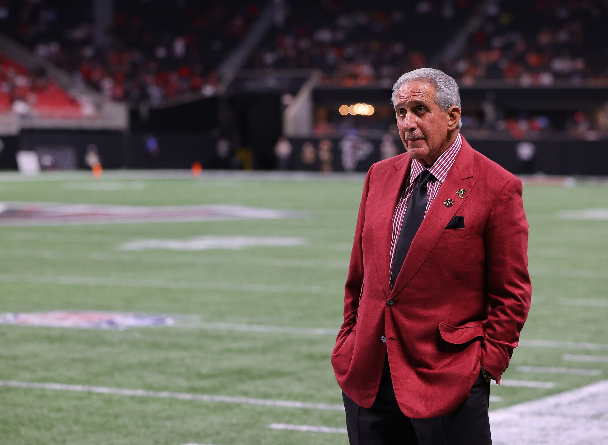 ATLANTA, GEORGIA - AUGUST 29:  Atlanta Falcons owner Arthur Blank walks the sideline during the second half against the Cleveland Browns at Mercedes-Benz Stadium on August 29, 2021 in Atlanta, Georgia. (Photo by Kevin C. Cox/Getty Images)
