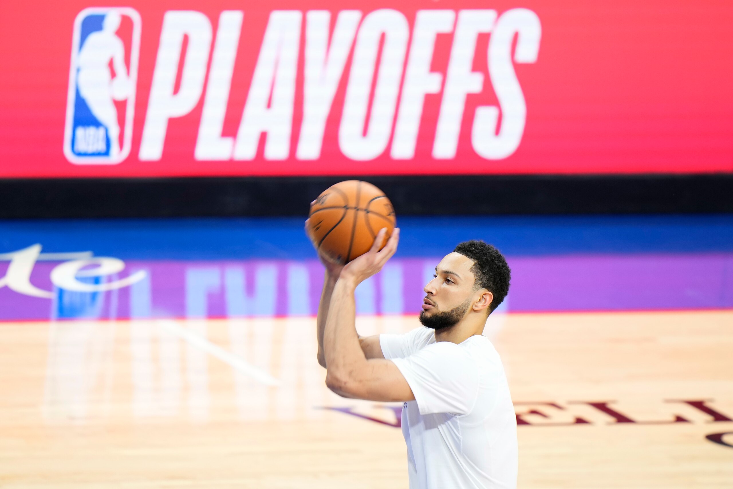 Philadelphia 76ers' Ben Simmons warms up before Game 7 in a second-round NBA basketball playoff series, Sunday, June 20, 2021, in Philadelphia. (AP Photo/Matt Slocum) Philadelphia 76ers' Ben Simmons warms up before Game 7 in a second-round NBA basketball playoff series, Sunday, June 20, 2021, in Philadelphia. (AP Photo/Matt Slocum)