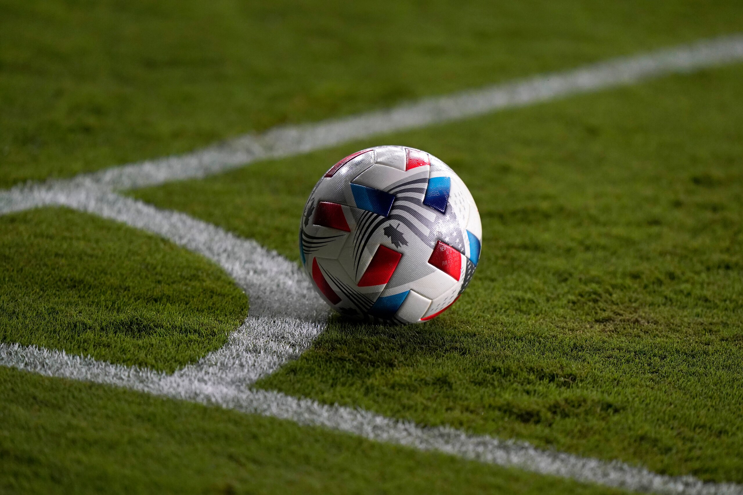 A soccer ball is shown, Wednesday, June 23, 2021, during the first half of an MLS soccer match between the CF Montreal and the D.C. United in Fort Lauderdale, Fla. (AP Photo/Wilfredo Lee)