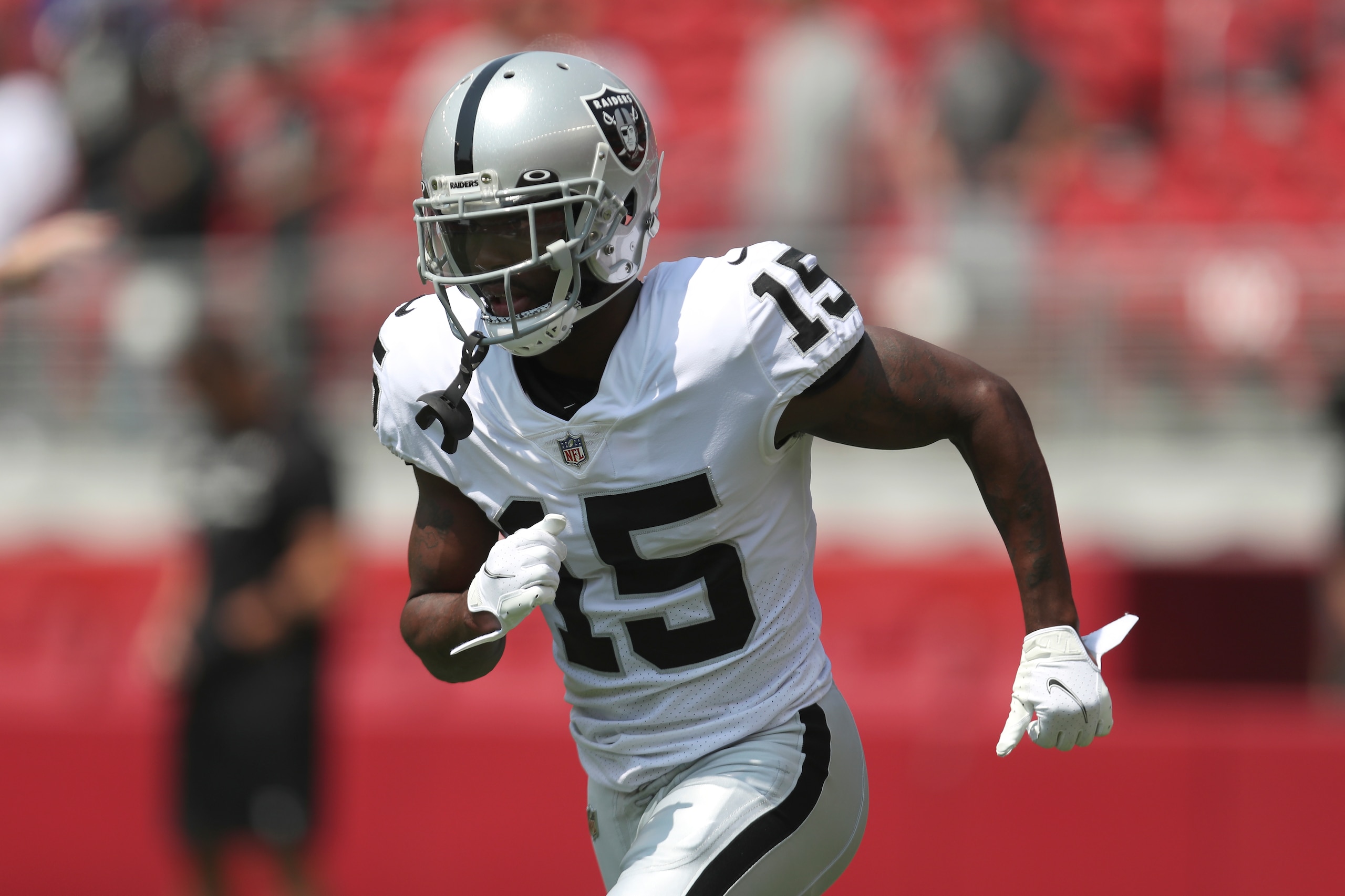 Las Vegas Raiders wide receiver John Brown (15) before an NFL preseason football game against the San Francisco 49ers in Santa Clara, Calif., Sunday, Aug. 29, 2021. (AP Photo/Jed Jacobsohn)