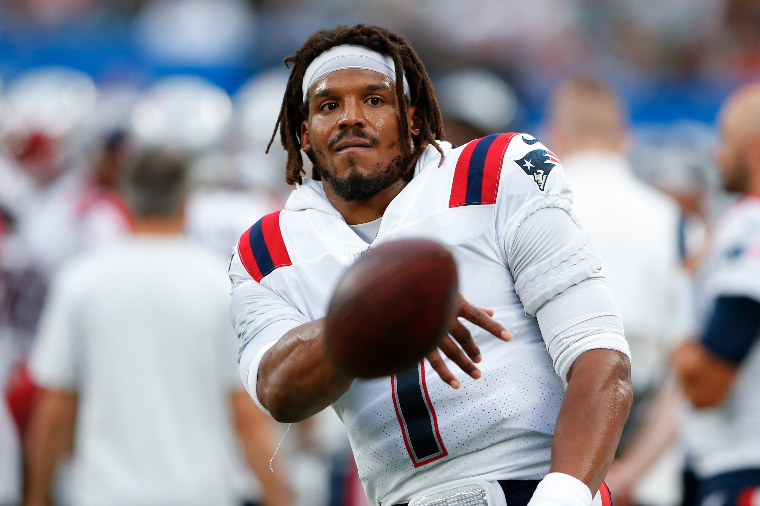 New England Patriots quarterback Cam Newton during the first half of an NFL preseason football game against the New York Giants Sunday, Aug. 29, 2021, in East Rutherford, N.J. (AP Photo/Noah K. Murray)