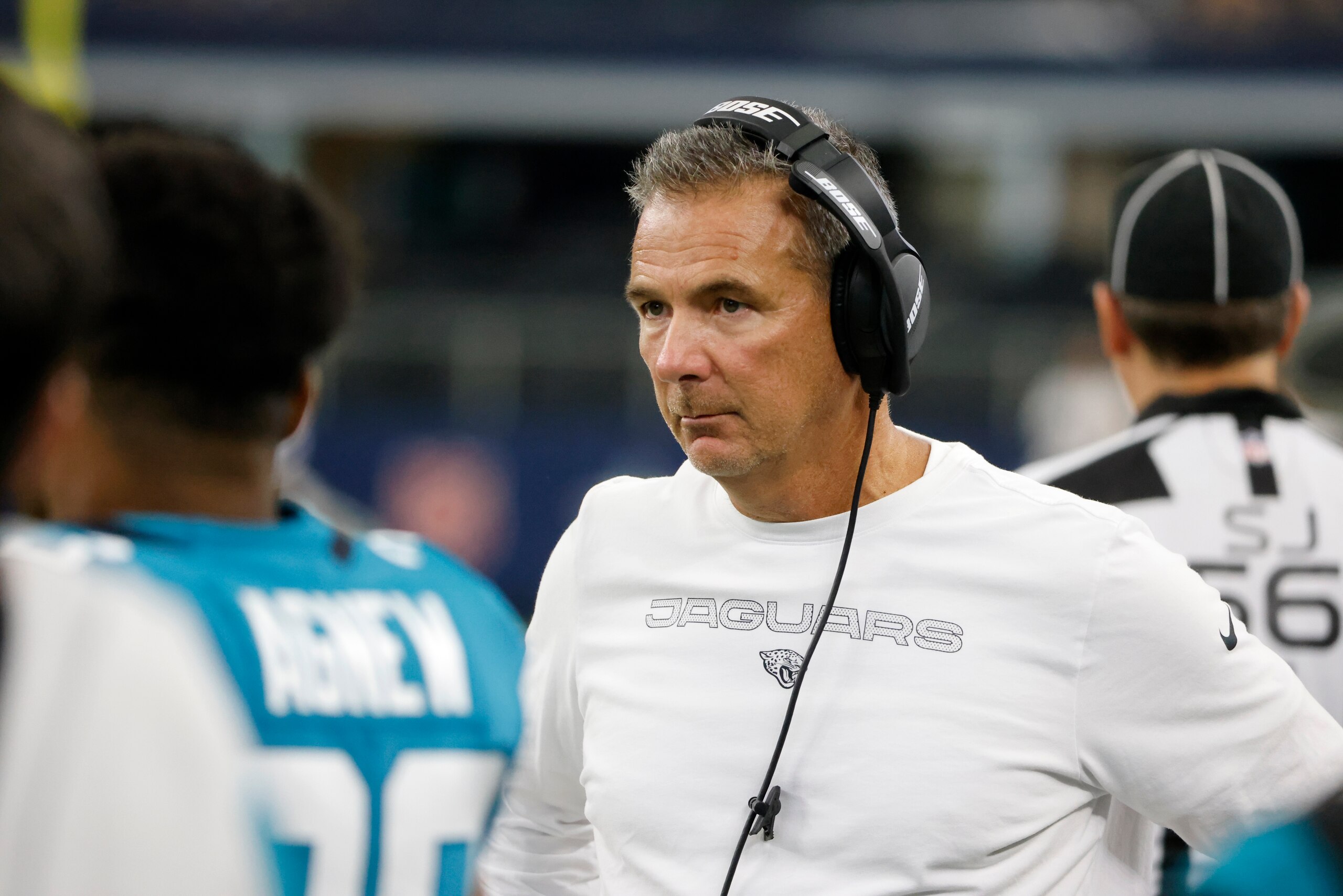 Jacksonville Jaguars head coach Urban Meyer watches play against the Dallas Cowboys in the first half of a preseason NFL football game in Arlington, Texas, Sunday, Aug. 29, 2021. (AP Photo/Michael Ainsworth)
