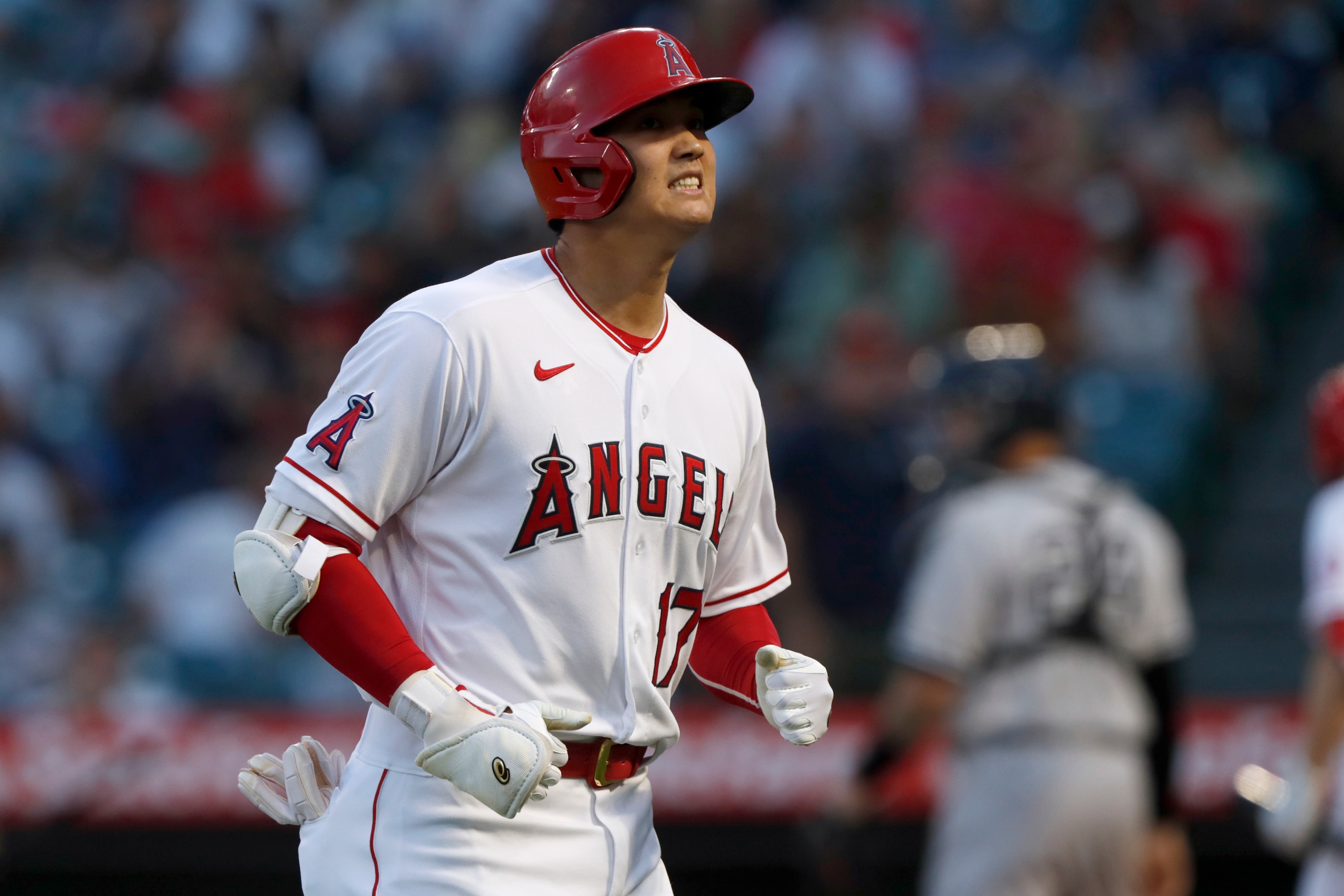 Los Angeles Angels designated hitter Shohei Ohtani reacts after flying out during the first inning of the team's baseball game against the New York Yankees in Anaheim, Calif., Tuesday, Aug. 31, 2021. (AP Photo/Alex Gallardo) Los Angeles Angels designated hitter Shohei Ohtani reacts after flying out during the first inning of the team's baseball game against the New York Yankees in Anaheim, Calif., Tuesday, Aug. 31, 2021. (AP Photo/Alex Gallardo)