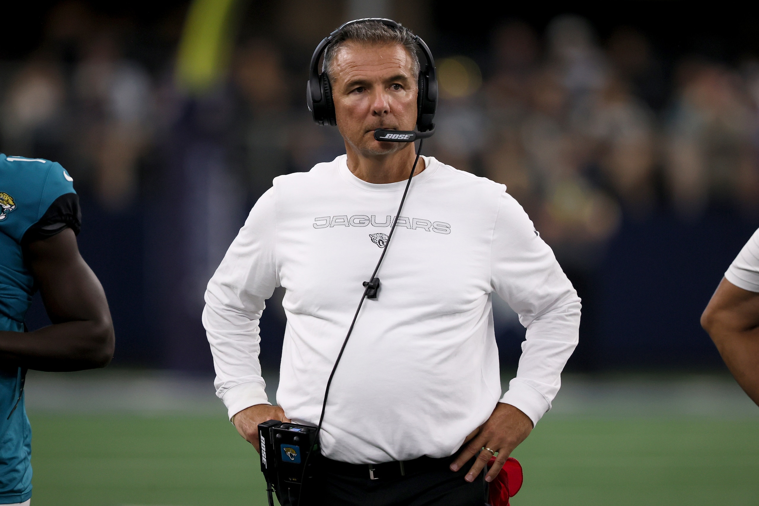 ARLINGTON, TEXAS - AUGUST 29: Head coach Urban Meyer of the Jacksonville Jaguars looks on as the Jacksonville Jaguars take on the Dallas Cowboys during the second quarter of a NFL preseason football game at AT&T Stadium on August 29, 2021 in Arlington, Texas. (Photo by Tom Pennington/Getty Images)