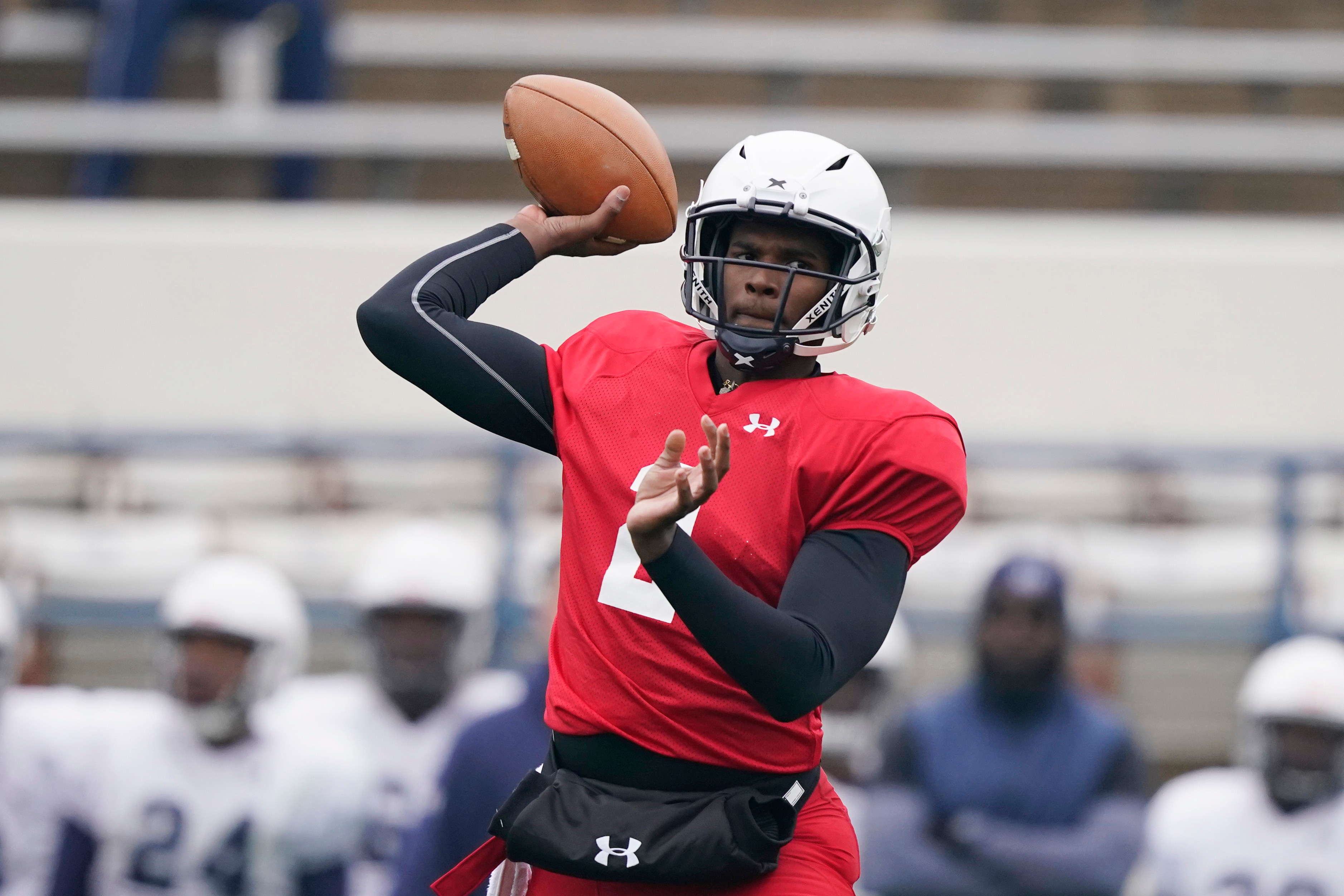 Jackson State quarterback Shedeur Sanders (2) passes during an NCAA college football scrimmage in Jackson, Miss., Saturday, Feb. 13, 2021. (AP Photo/Rogelio V. Solis)