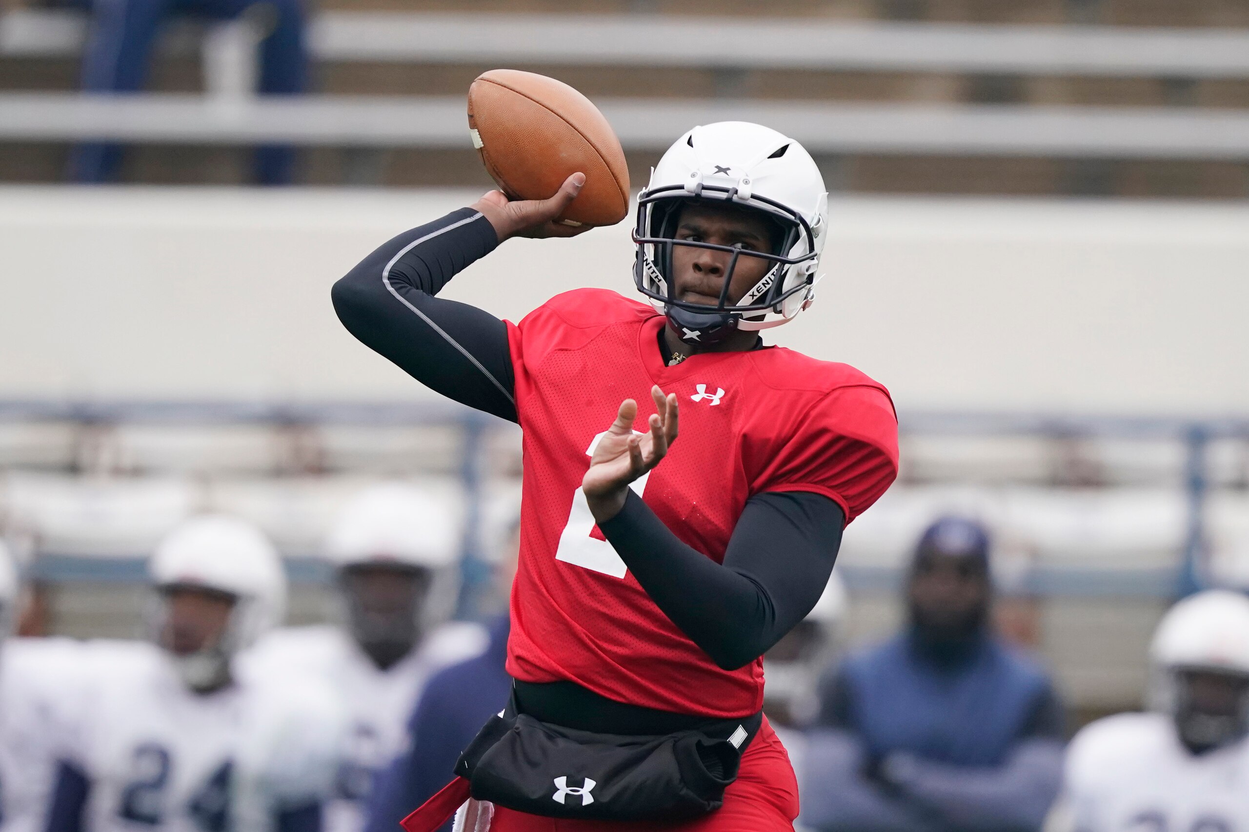 Jackson State quarterback Shedeur Sanders (2) passes during an NCAA college football scrimmage in Jackson, Miss., Saturday, Feb. 13, 2021. (AP Photo/Rogelio V. Solis)