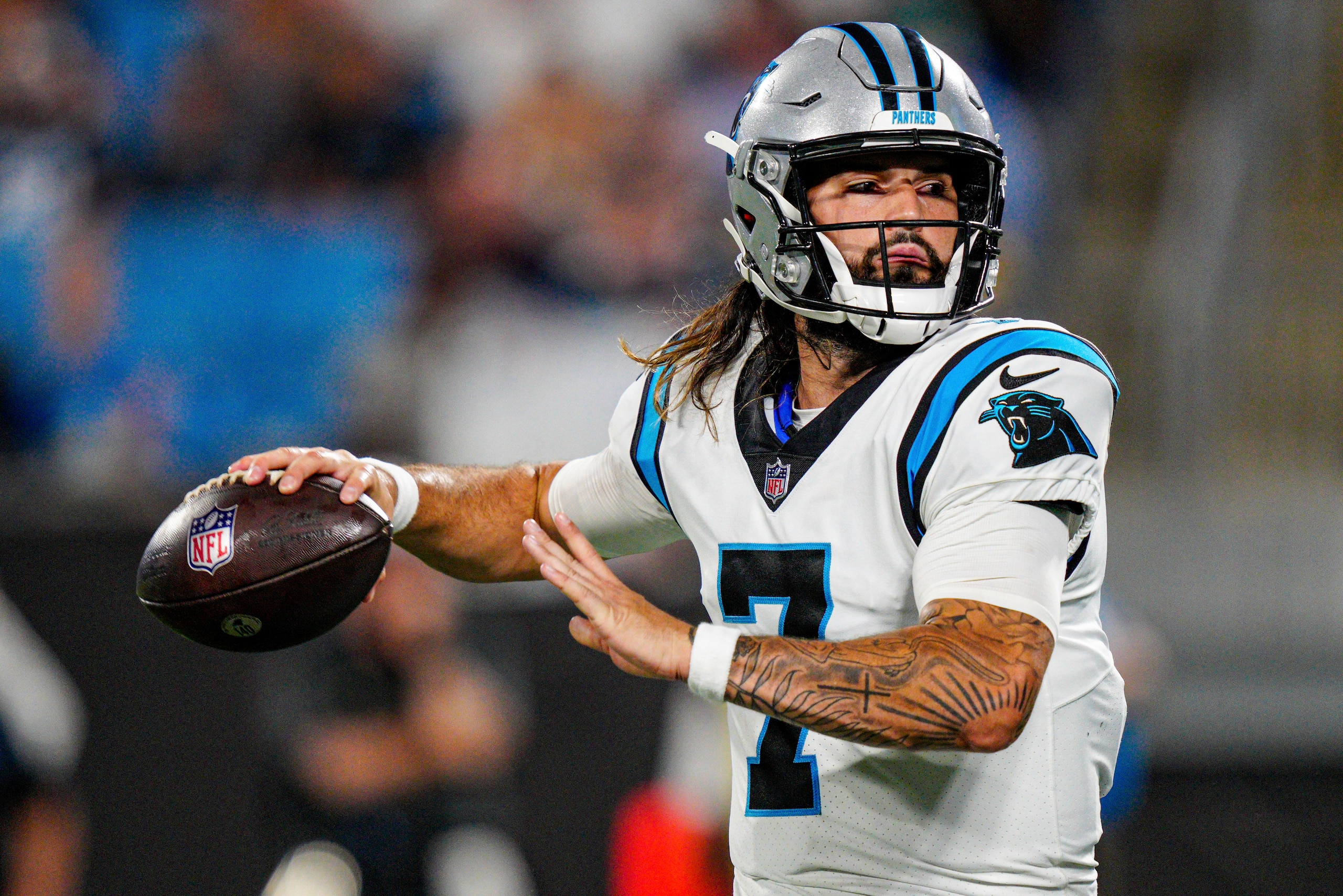 Carolina Panthers quarterback Will Grier plays against the Pittsburgh Steelers during the second half of a preseason NFL football game Friday, Aug. 27, 2021, in Charlotte, N.C. (AP Photo/Jacob Kupferman)