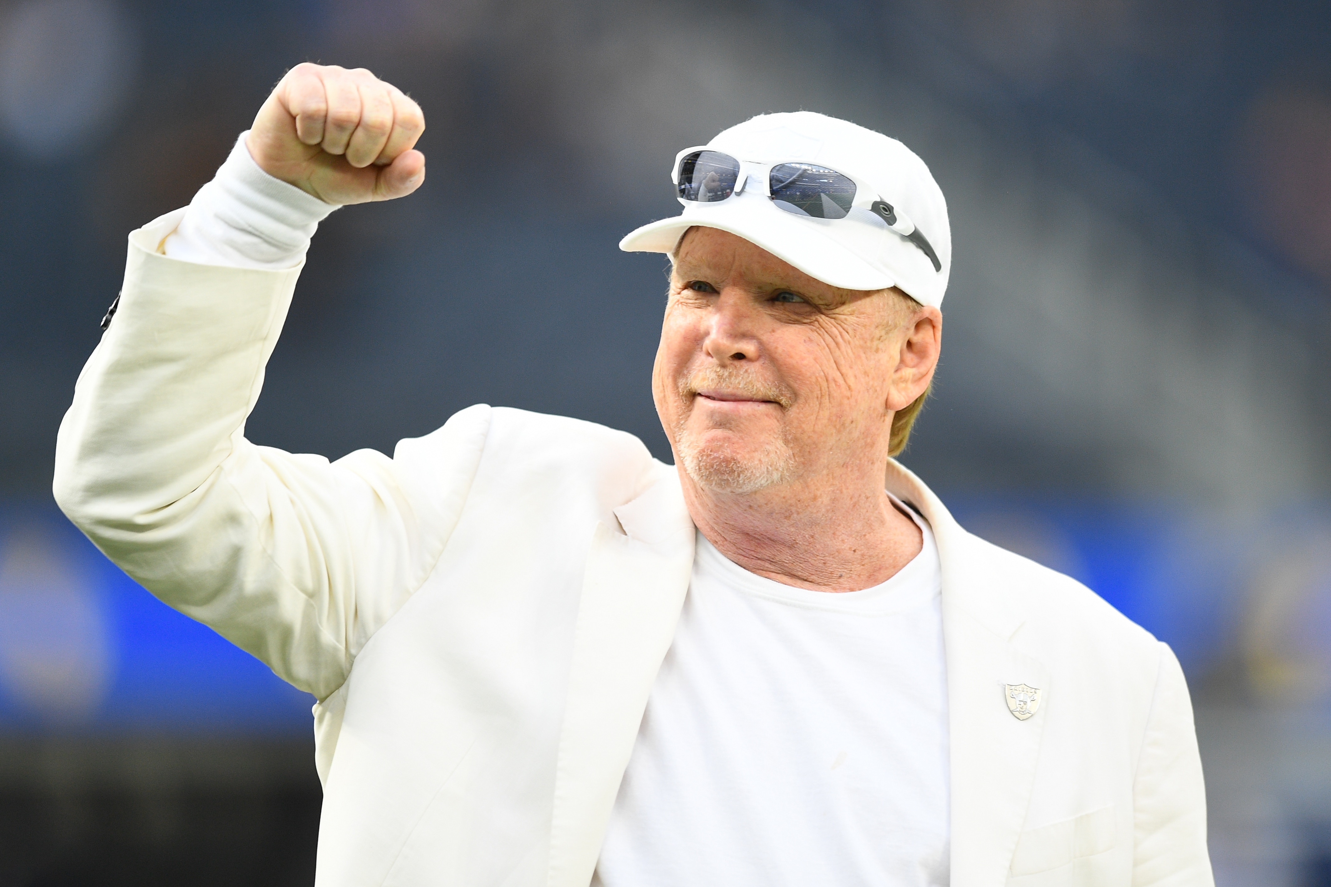 INGLEWOOD, CA - AUGUST 21: Las Vegas Raiders owner Mark Davis pumps up the crowd before the NFL preseason game between the Las Vegas Raiders and the Los Angeles Rams on August 21, 2021, at SoFi Stadium in Inglewood, CA. (Photo by Brian Rothmuller/Icon Sportswire via Getty Images)