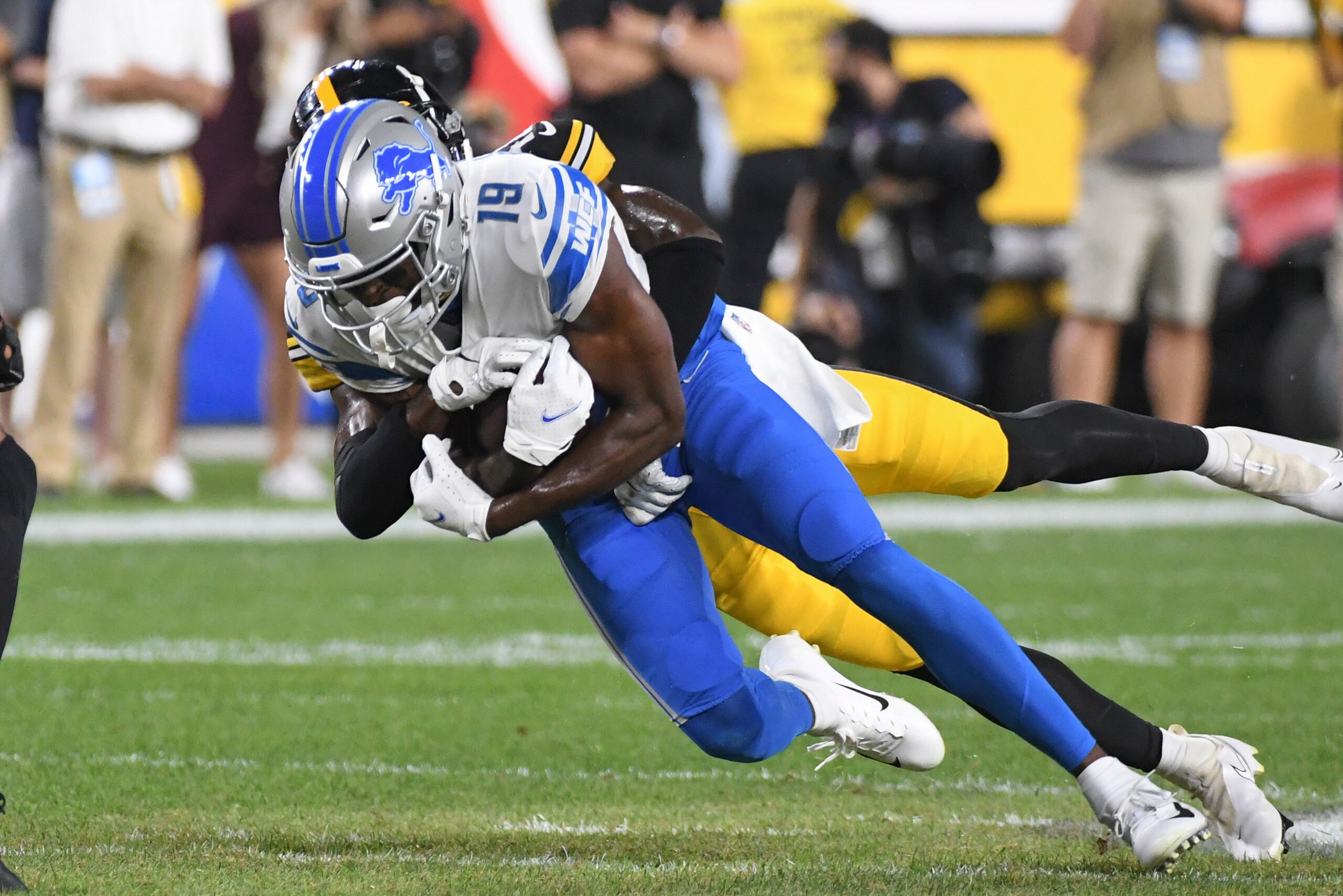 Detroit Lions wide receiver Breshad Perriman (19) runs after making a catch against the Detroit Lions in the first half of an NFL preseason football game, Saturday, Aug. 21, 2021, in Pittsburgh. (AP Photo/Fred Vuich)