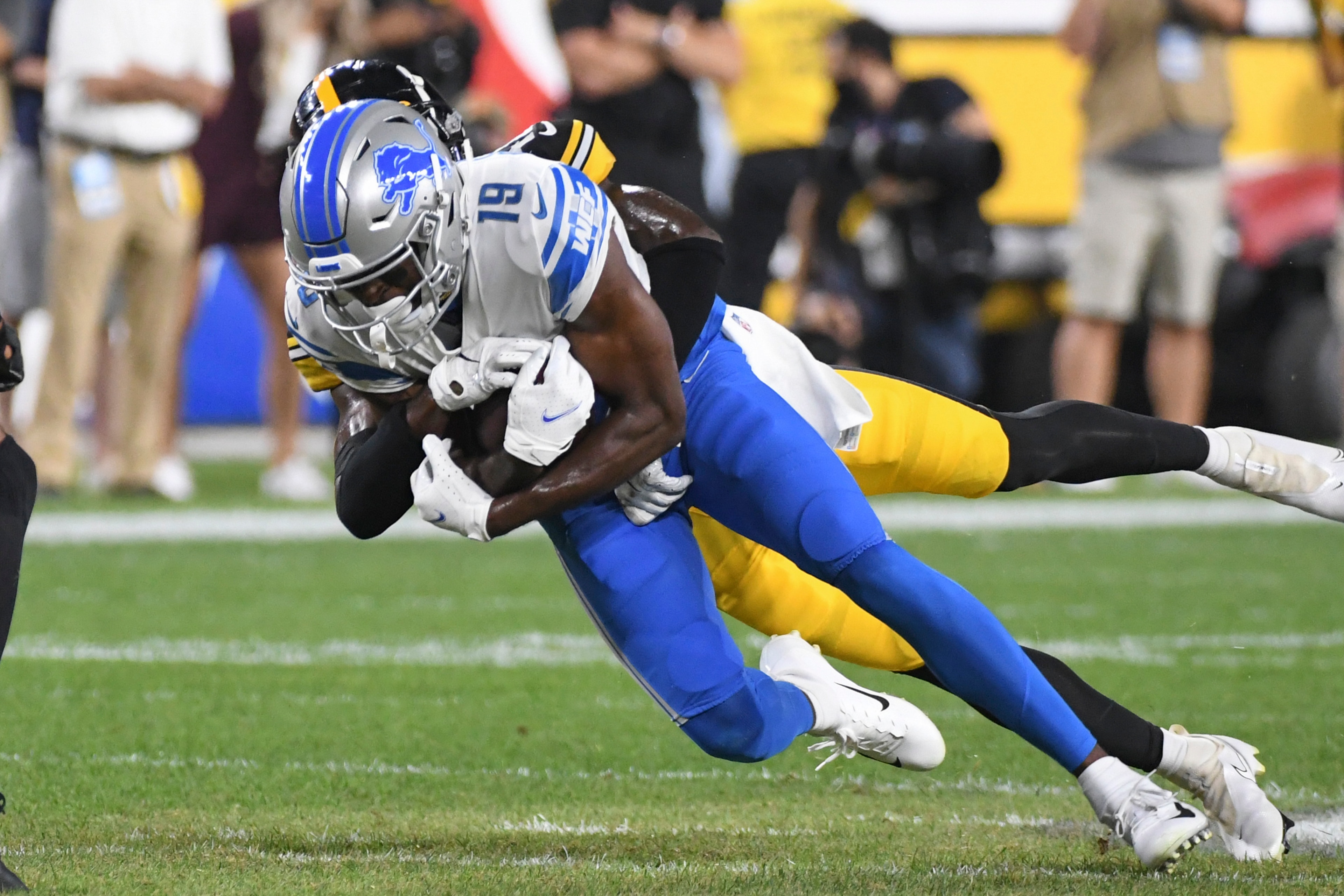 Detroit Lions wide receiver Breshad Perriman (19) runs after making a catch against the Detroit Lions in the first half of an NFL preseason football game, Saturday, Aug. 21, 2021, in Pittsburgh. (AP Photo/Fred Vuich)