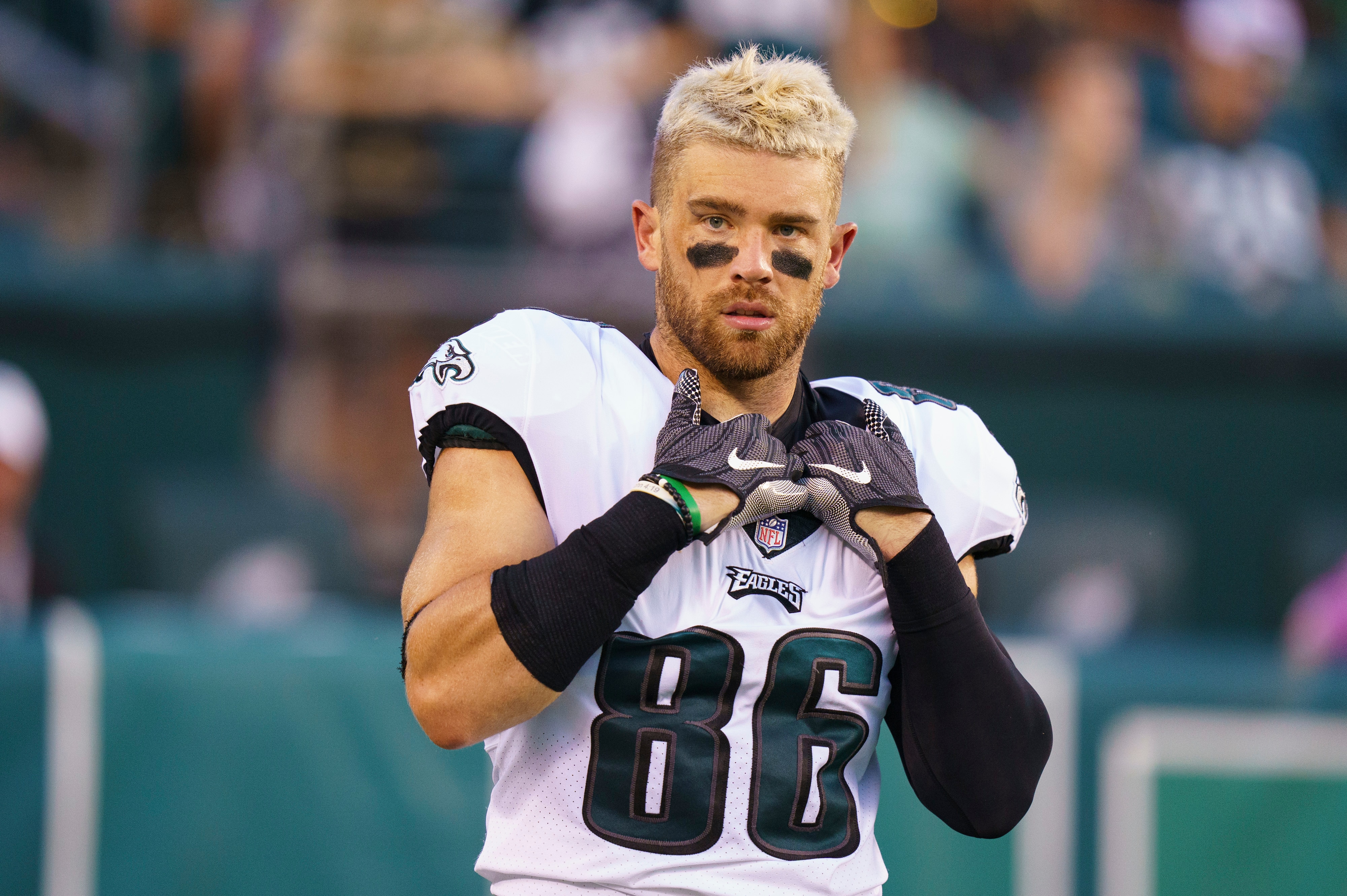 Philadelphia Eagles tight end Zach Ertz looks on during the NFL football game against the New England Patriots, Thursday, Aug. 19, 2021, in Philadelphia. (AP Photo/Chris Szagola)
