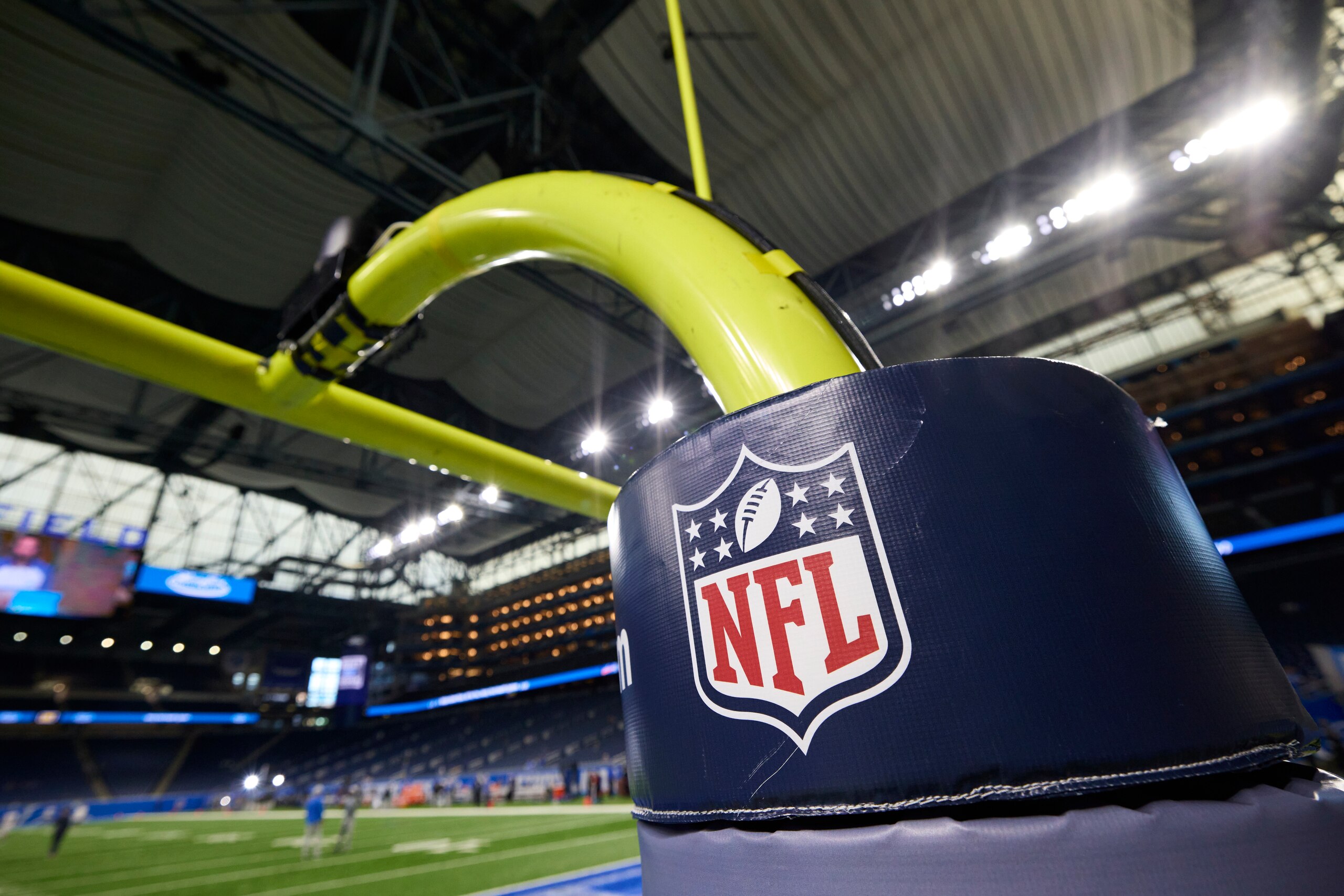 NFL logo on the goal post pad during an NFL preseason football game between the Buffalo Bills and Detroit Lions, Friday, Aug. 13, 2021, in Detroit. (AP Photo/Rick Osentoski)